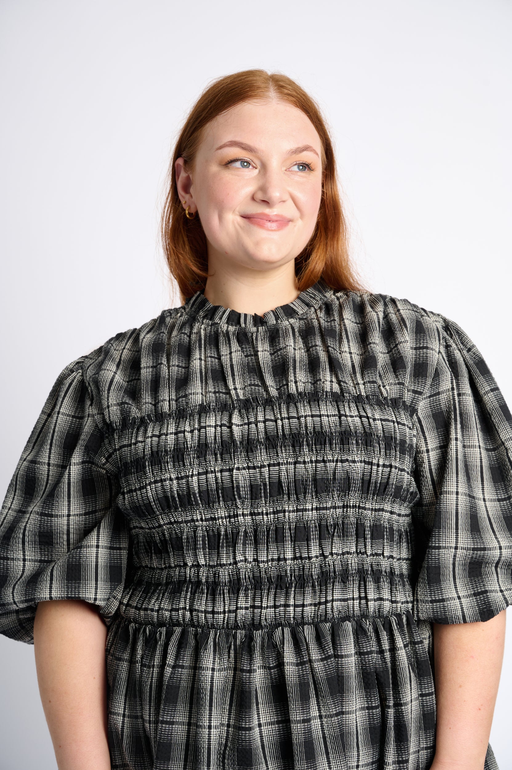 Shirring Cotton Dress in Black Check