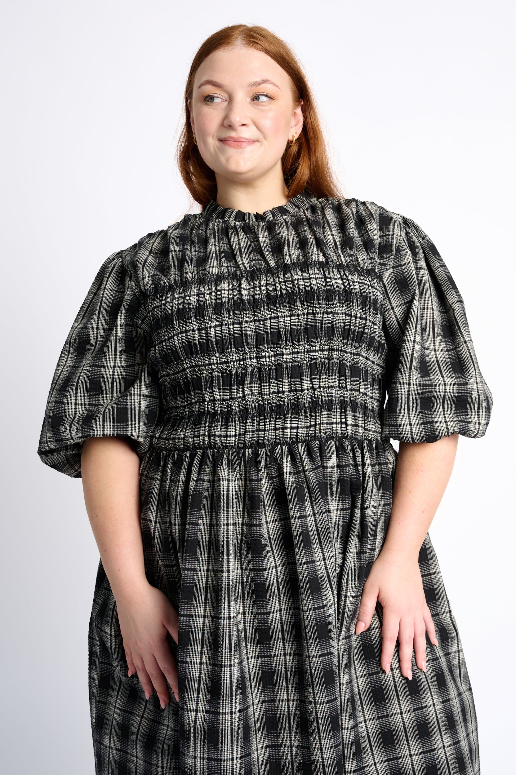 Shirring Cotton Dress in Black Check