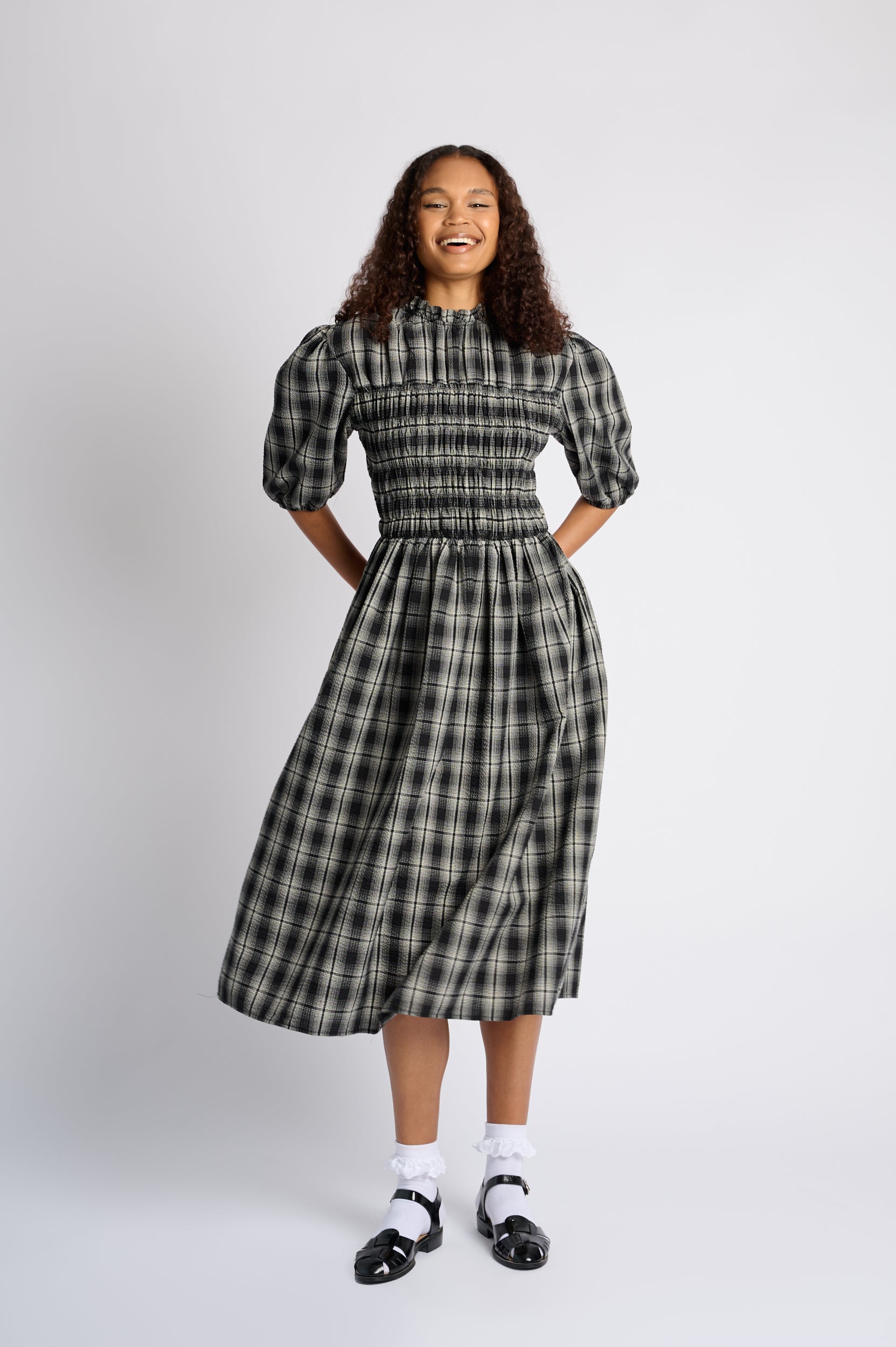 Shirring Cotton Dress in Black Check