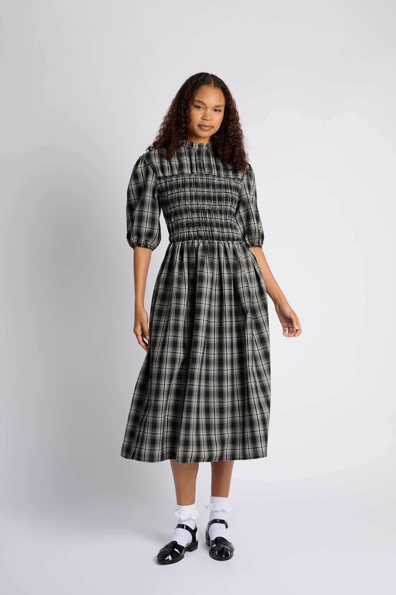 Shirring Cotton Dress in Black Check