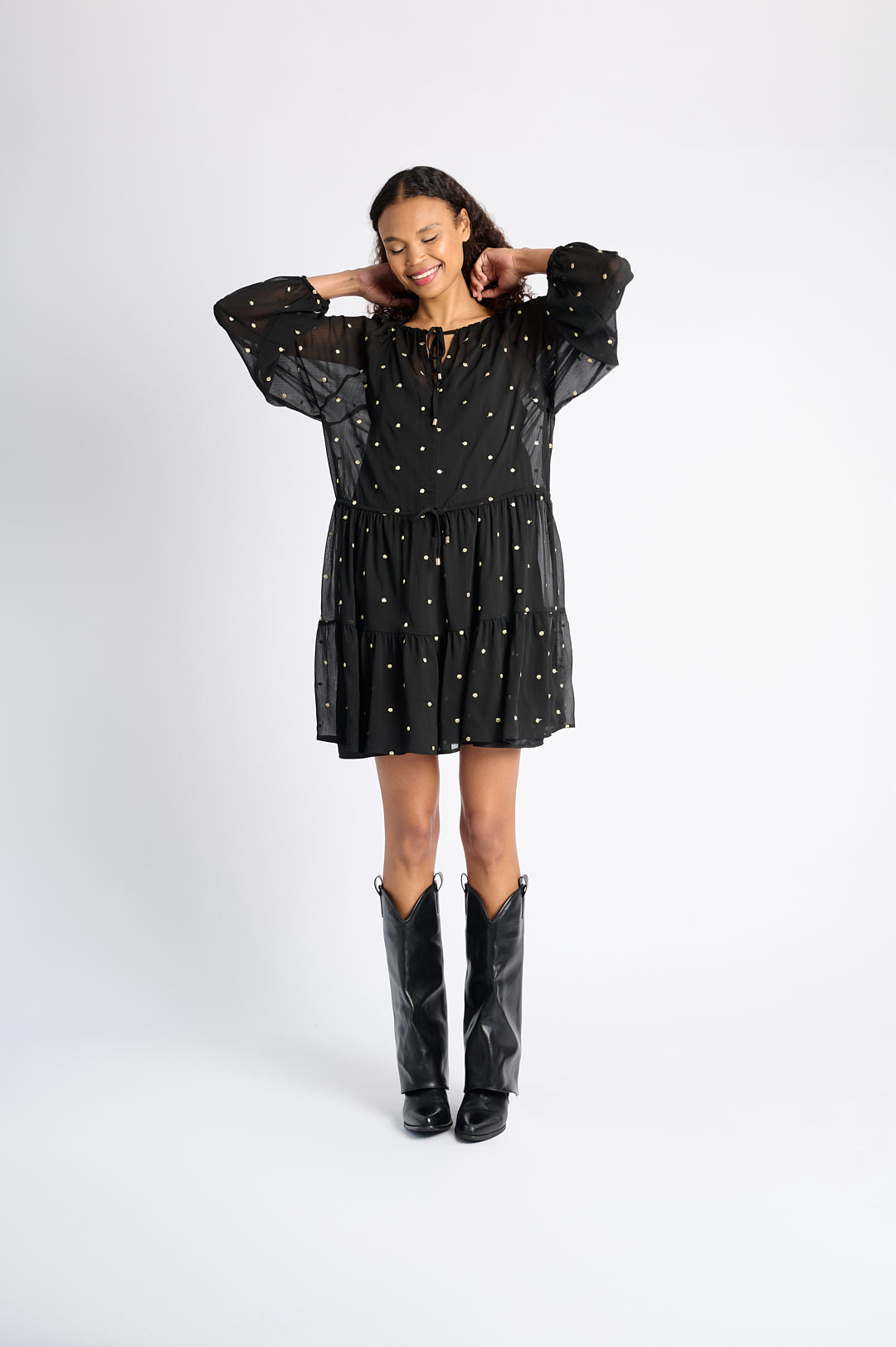 Black Georgette Short Dress with Gold Embroidered Spots