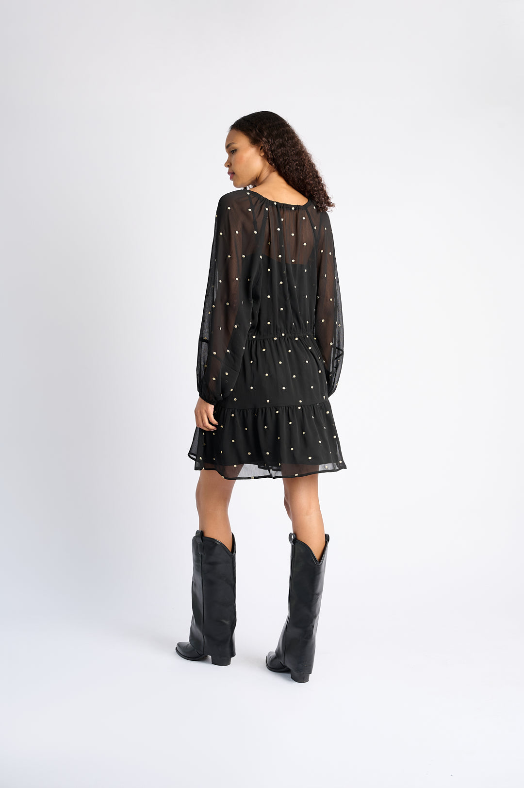 Black Georgette Short Dress with Gold Embroidered Spots