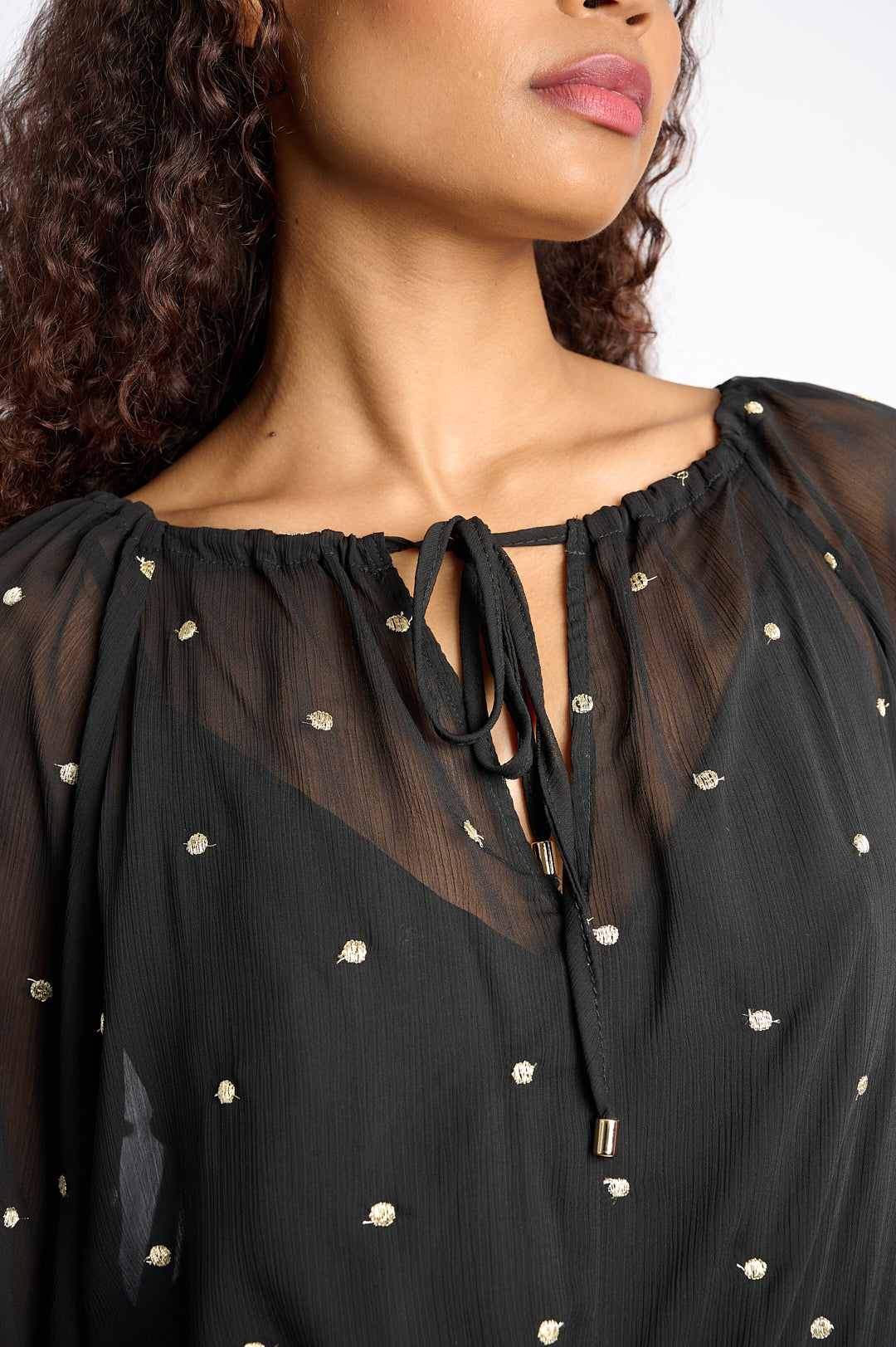 Black Georgette Short Dress with Gold Embroidered Spots