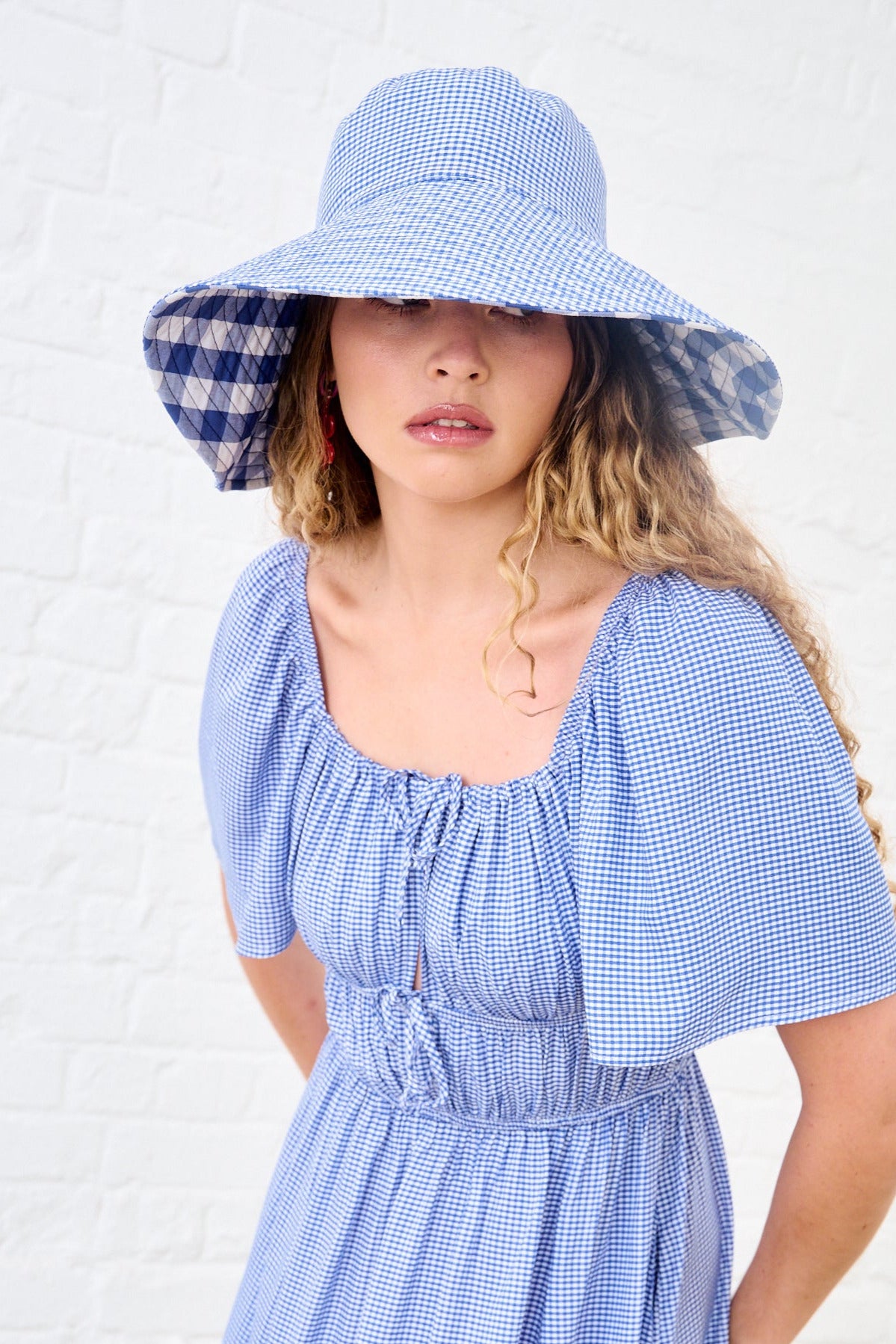 Reversible Bucket Hat in Blue Gingham Combo