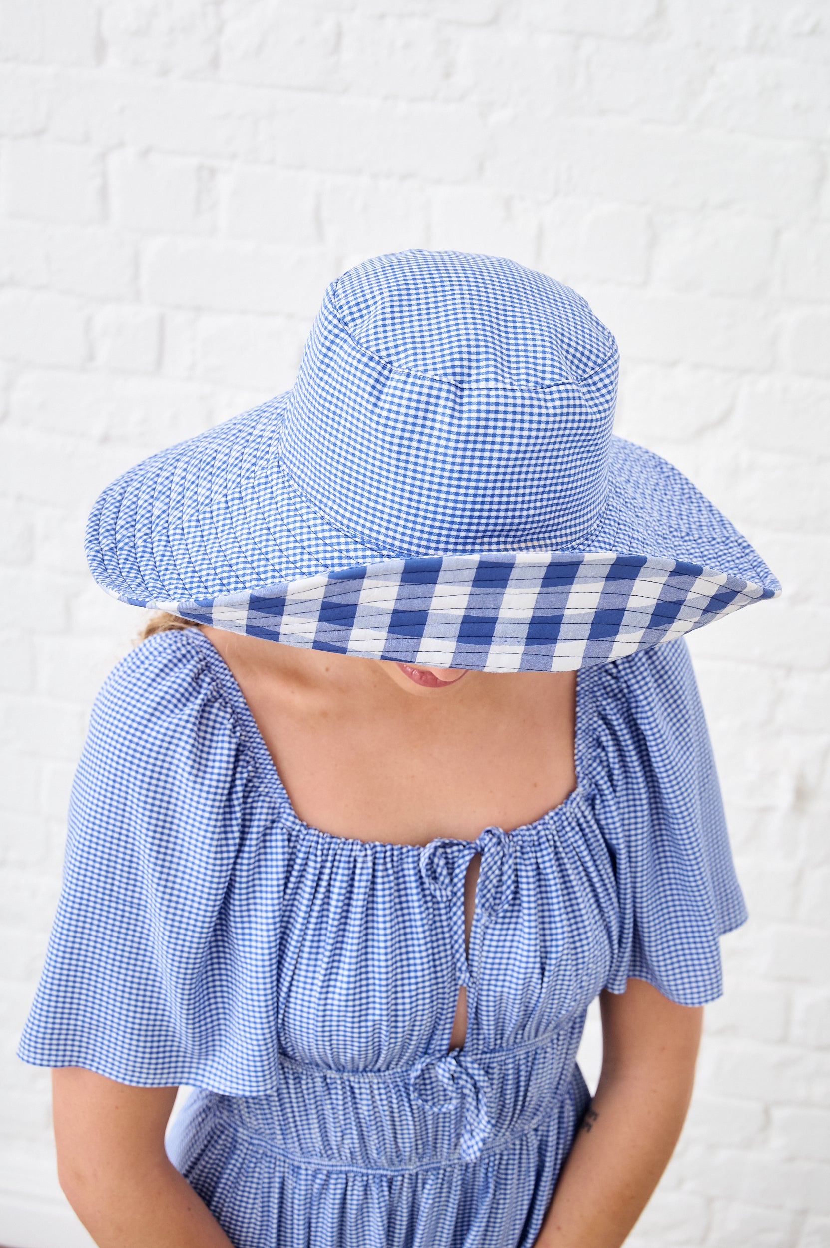 Reversible Bucket Hat in Blue Gingham Combo