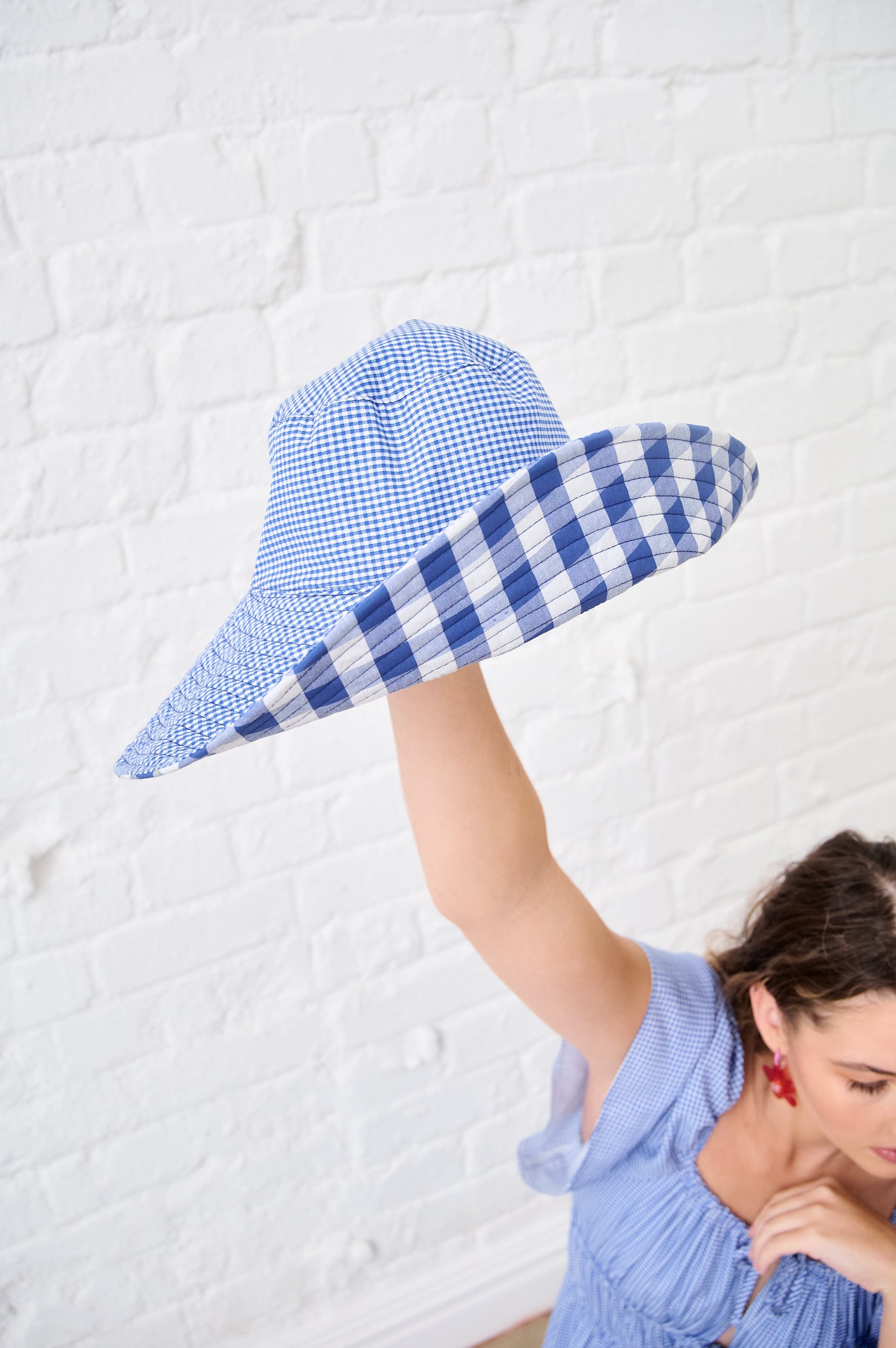 Reversible Bucket Hat in Blue Gingham Combo