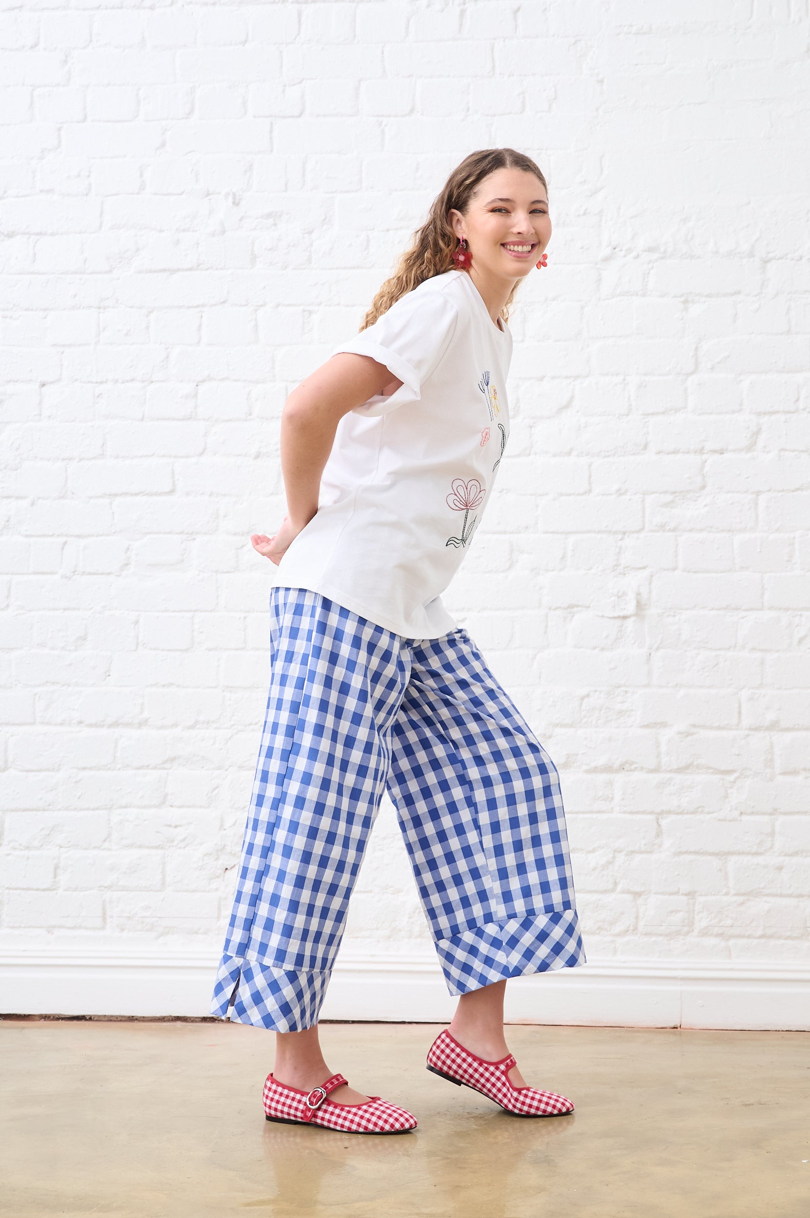 Elasticated Pants with Side Pockets in Blue Gingham