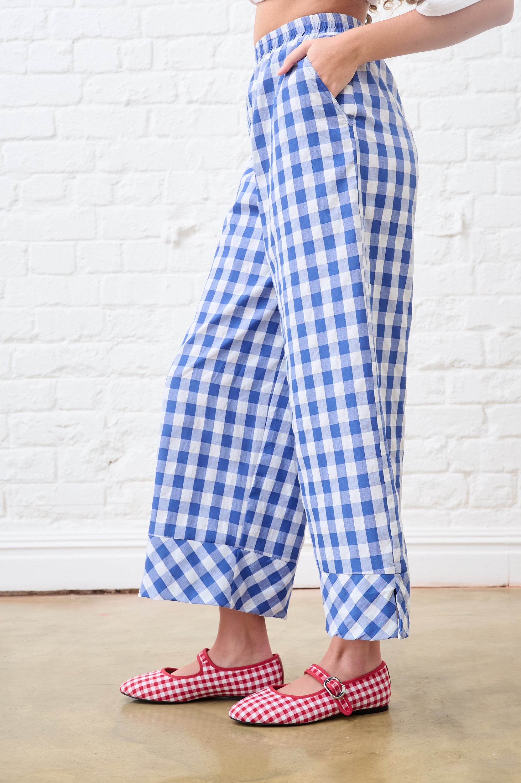 Elasticated Pants with Side Pockets in Blue Gingham