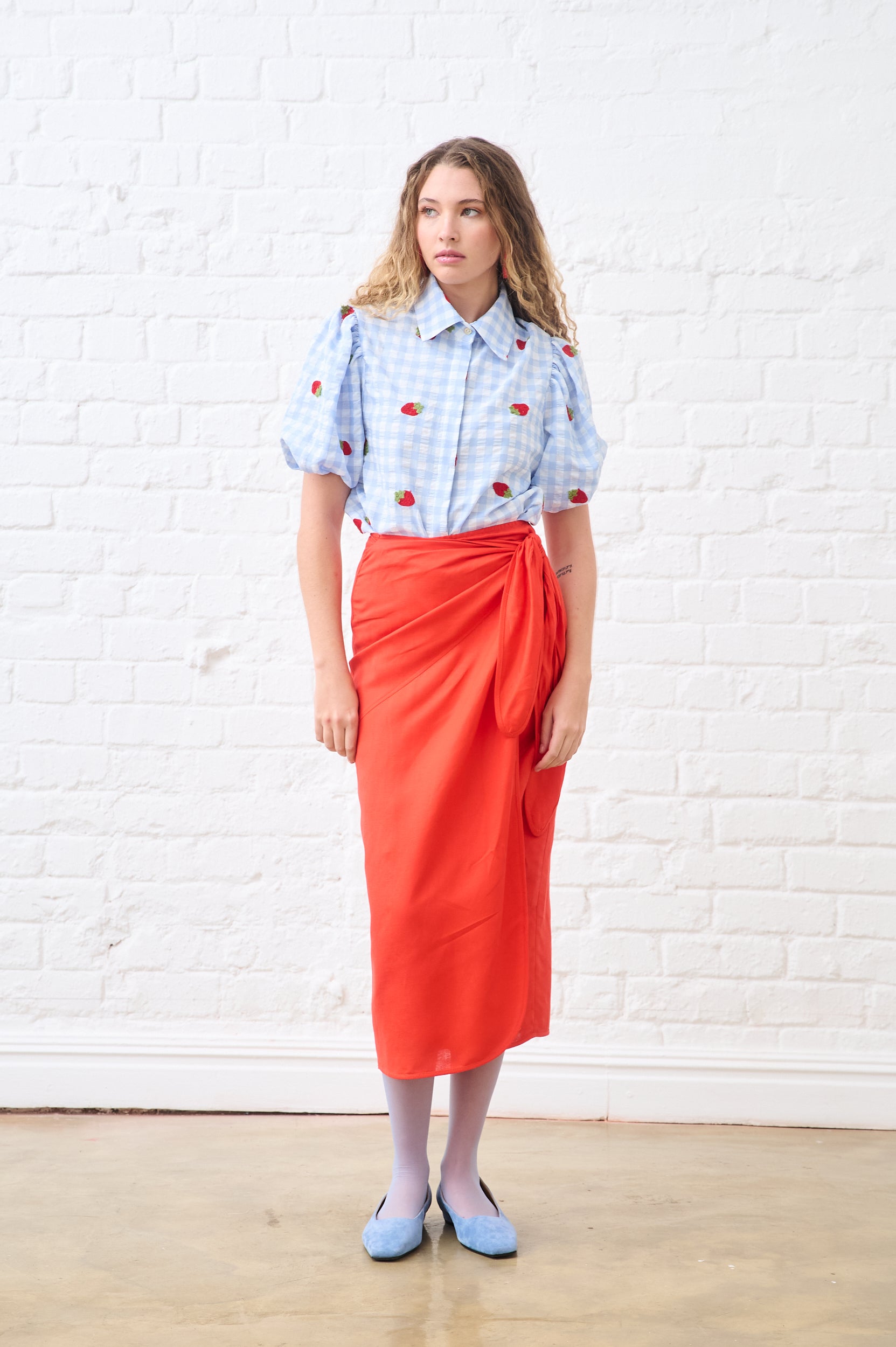 Linen Wrap Skirt in Coral