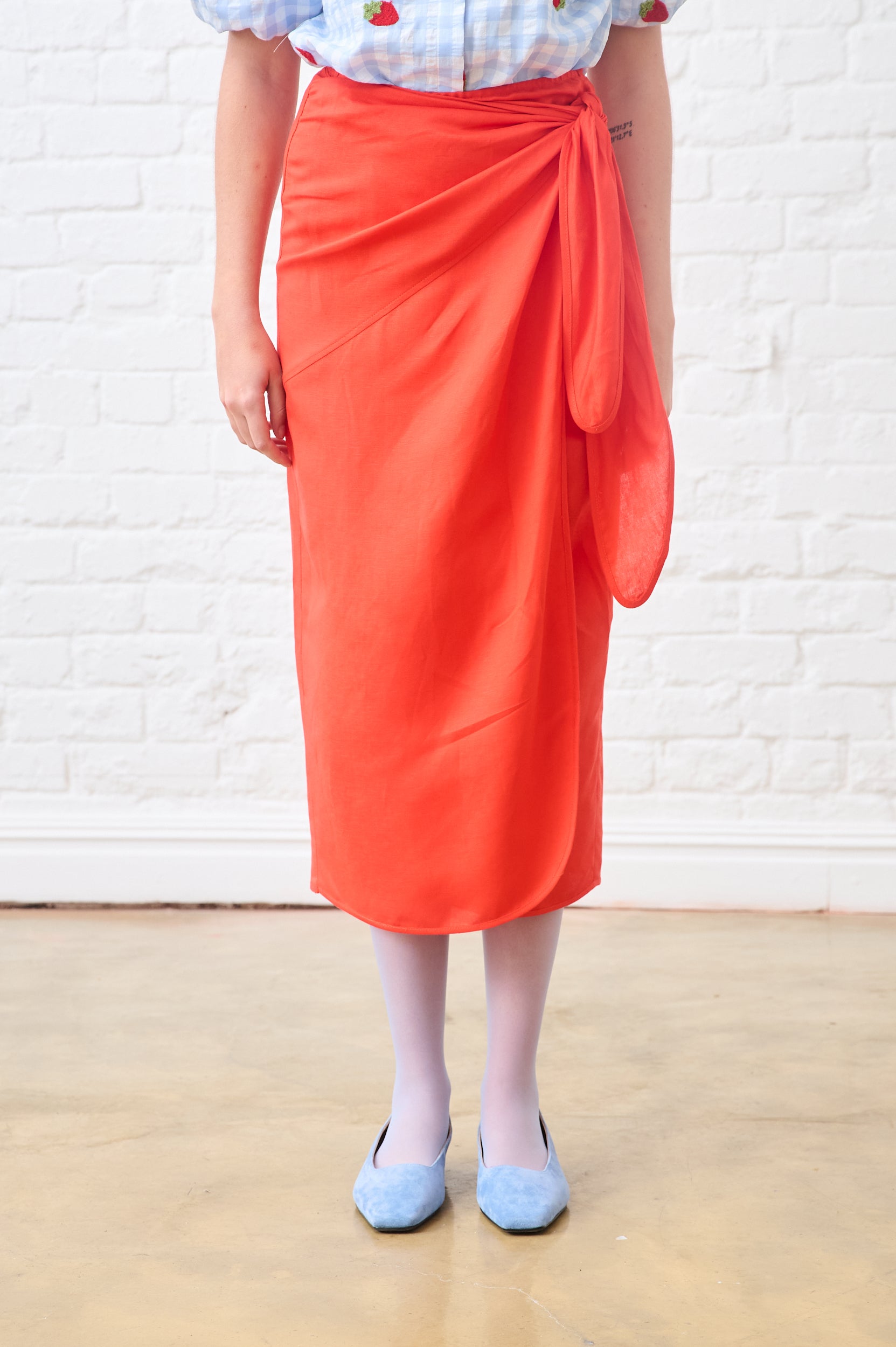Linen Wrap Skirt in Coral