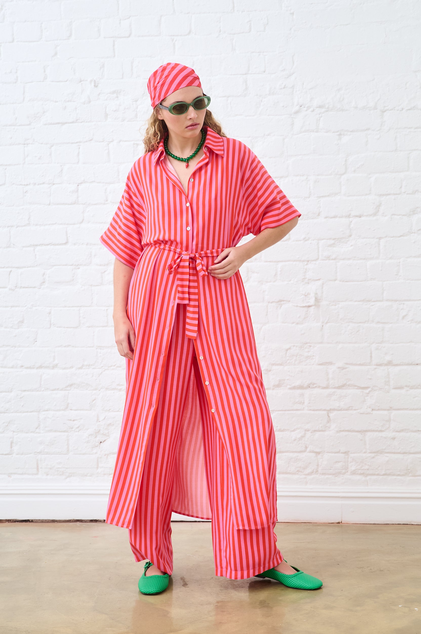 Flat Front Wide Leg Pants in Pink/Red Stripe