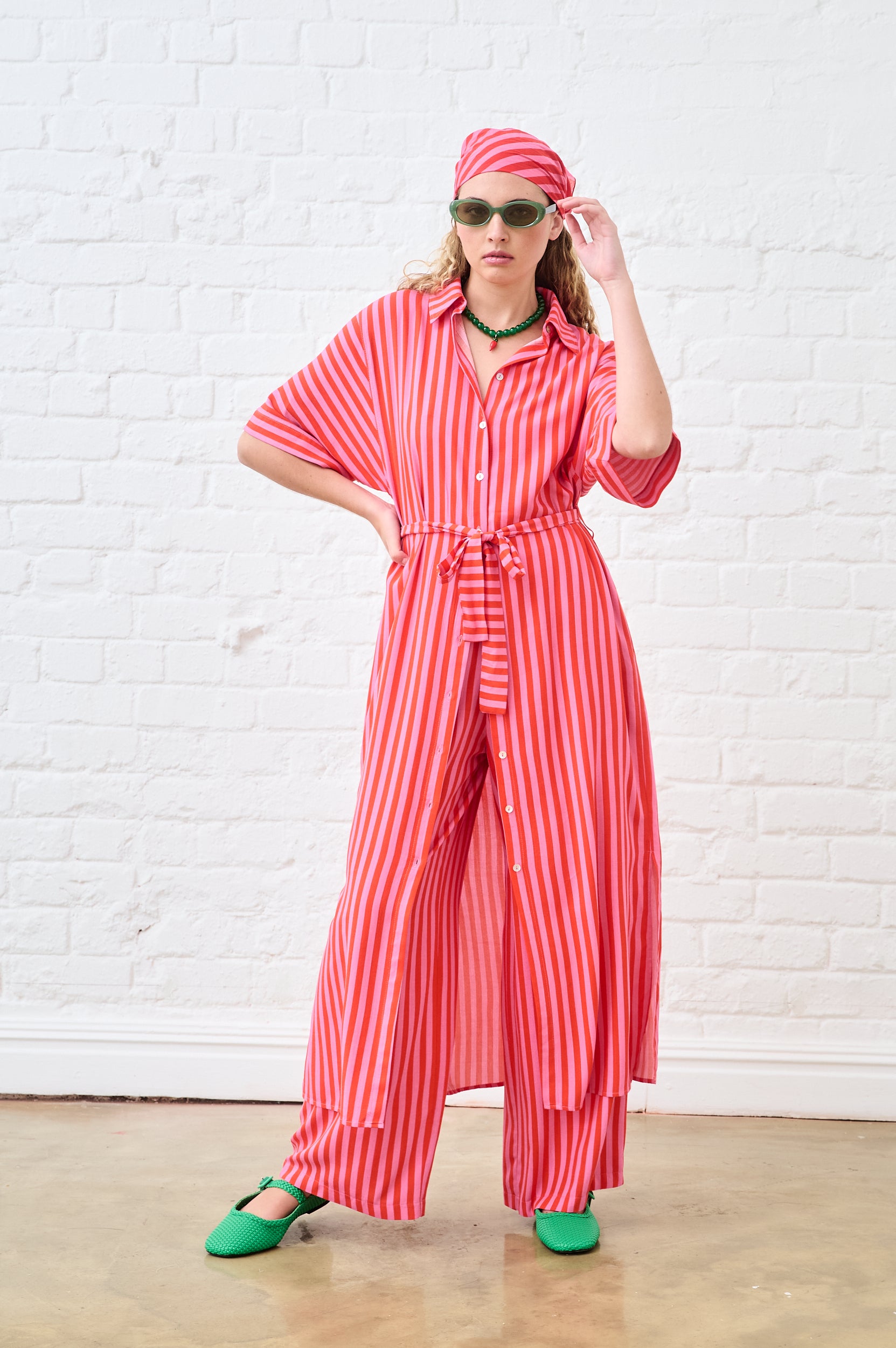 Flat Front Wide Leg Pants in Pink/Red Stripe