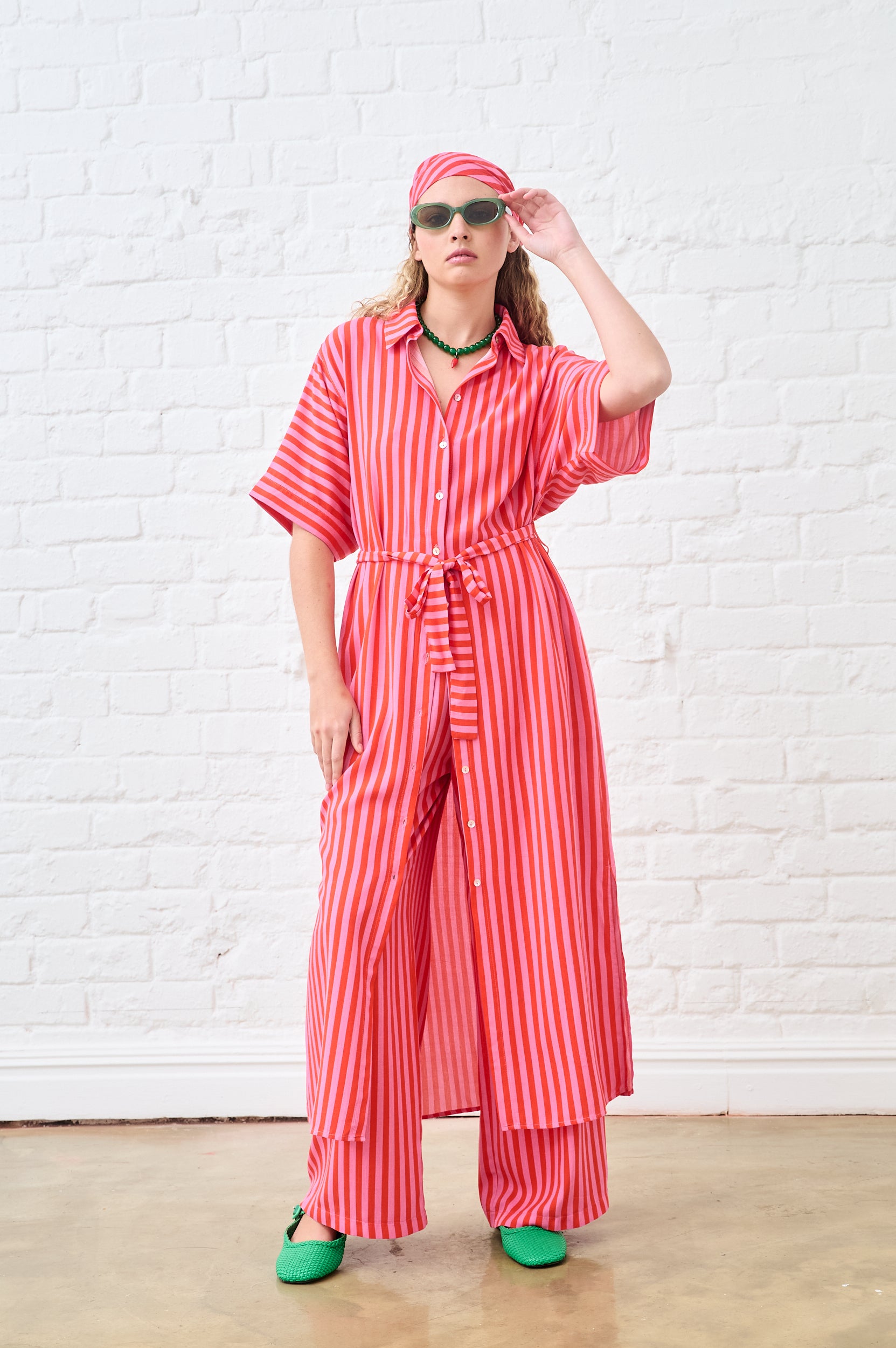 Flat Front Wide Leg Pants in Pink/Red Stripe