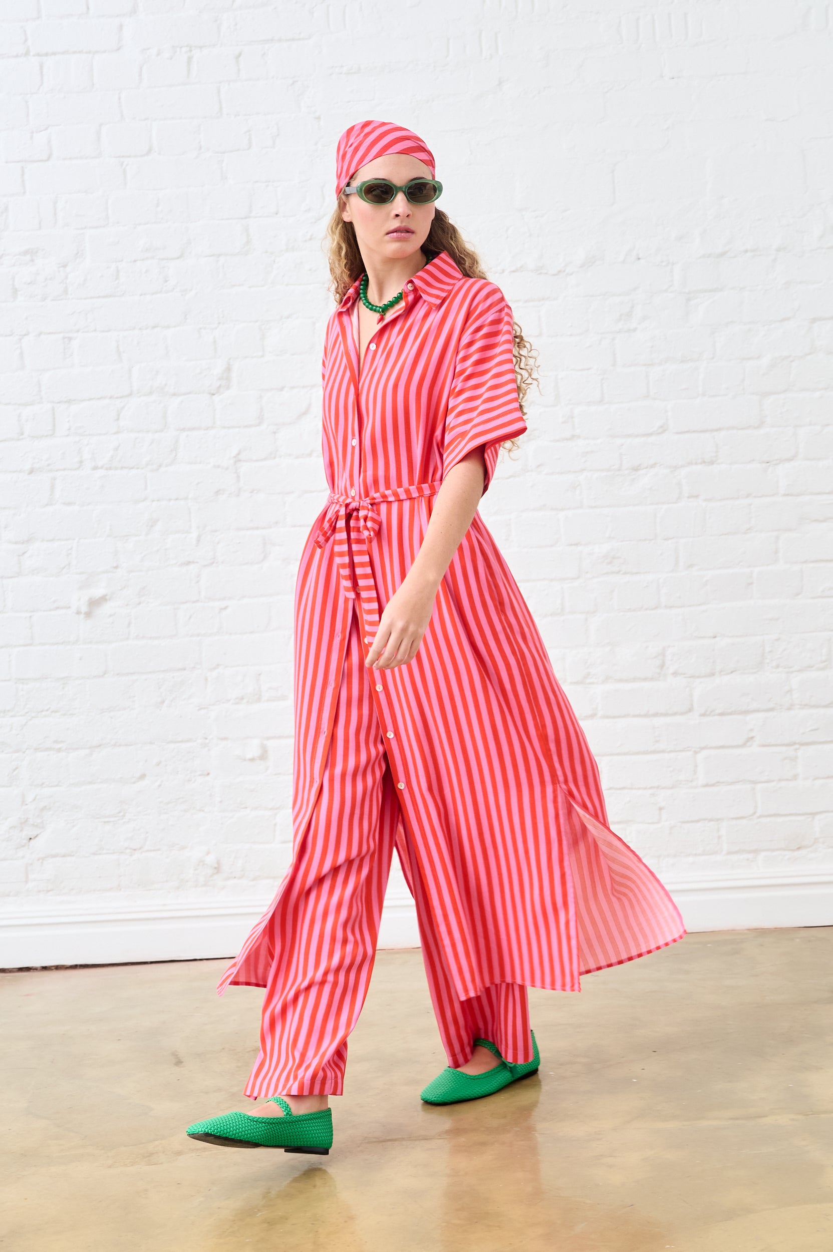 Flat Front Wide Leg Pants in Pink/Red Stripe