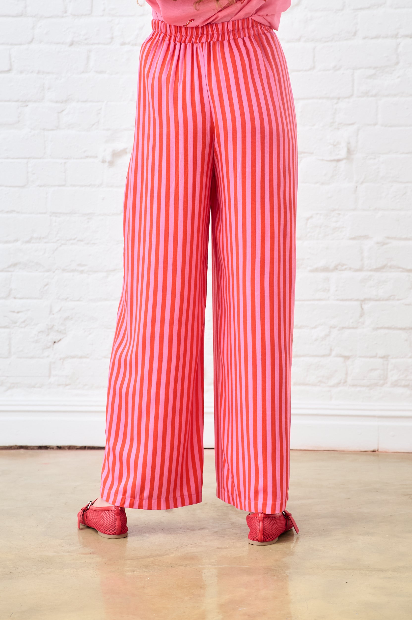 Flat Front Wide Leg Pants in Pink/Red Stripe