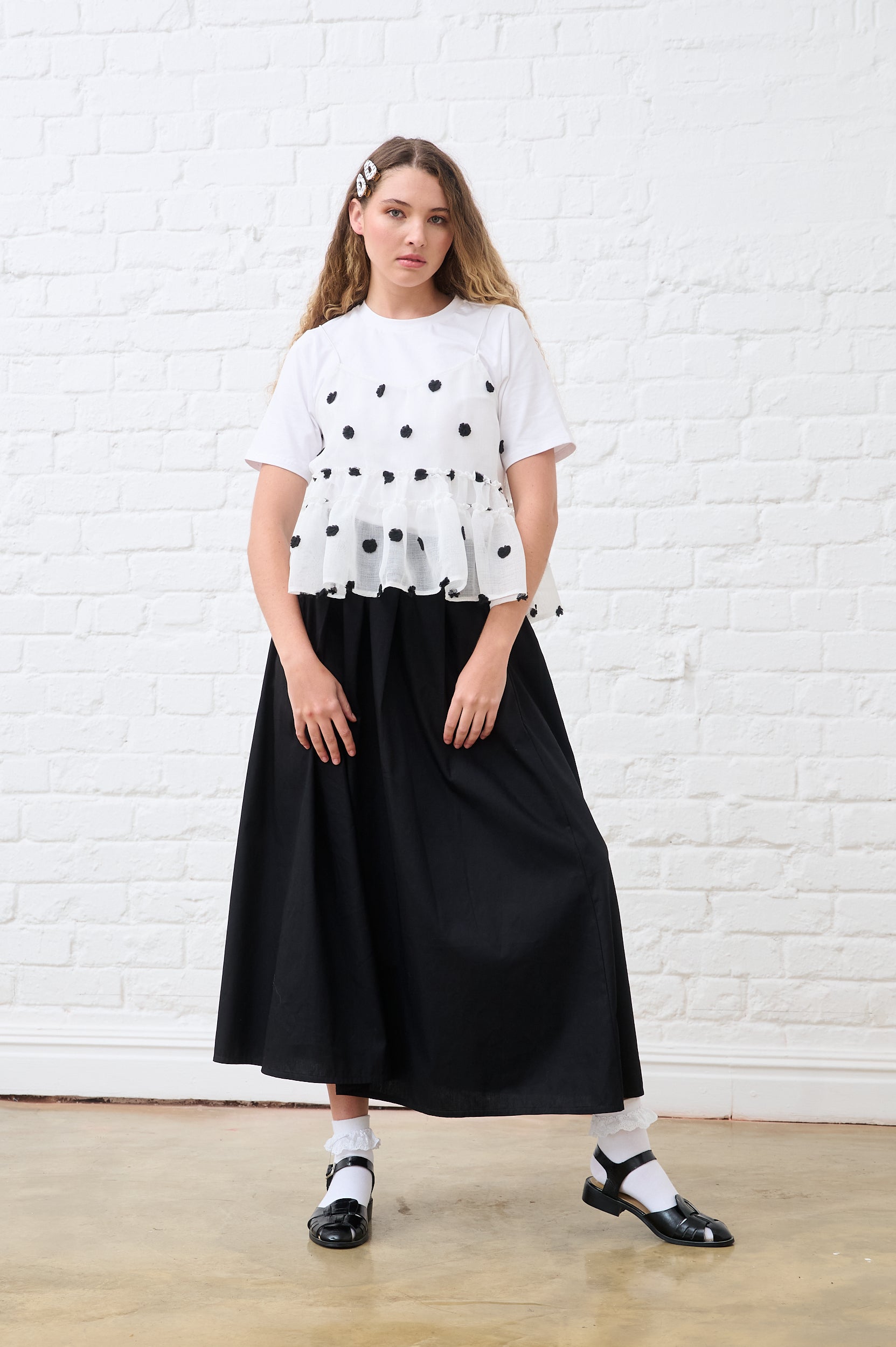 Tulle Overlay T-shirt in Black Spot