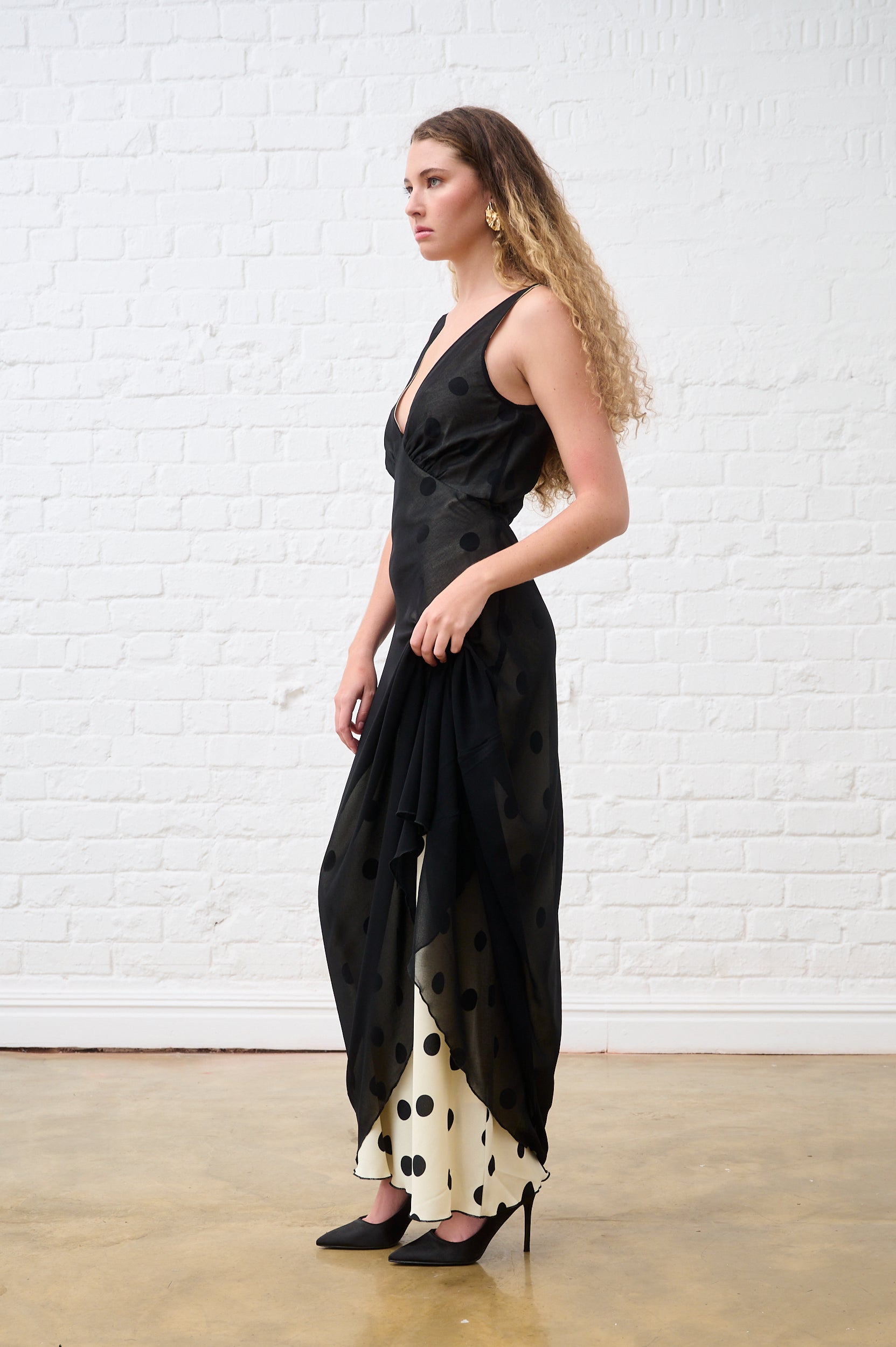 Sheer Overlay Spot Bias Maxi Dress
