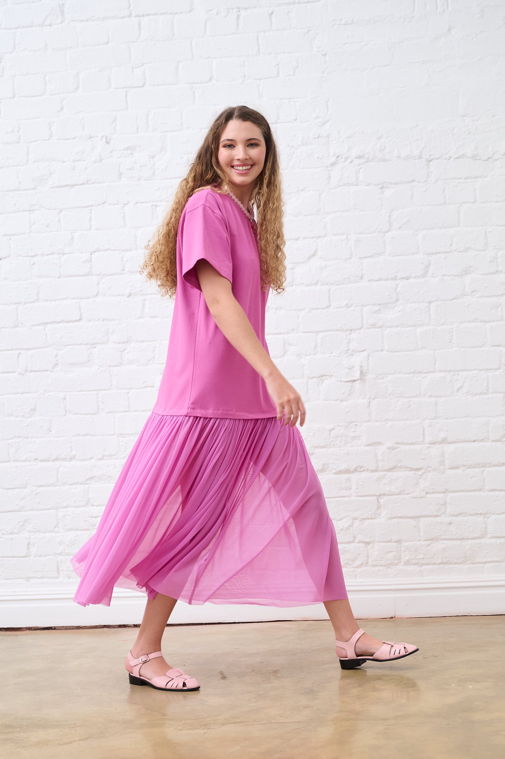 Raspberry Mesh Combo Tshirt Dress