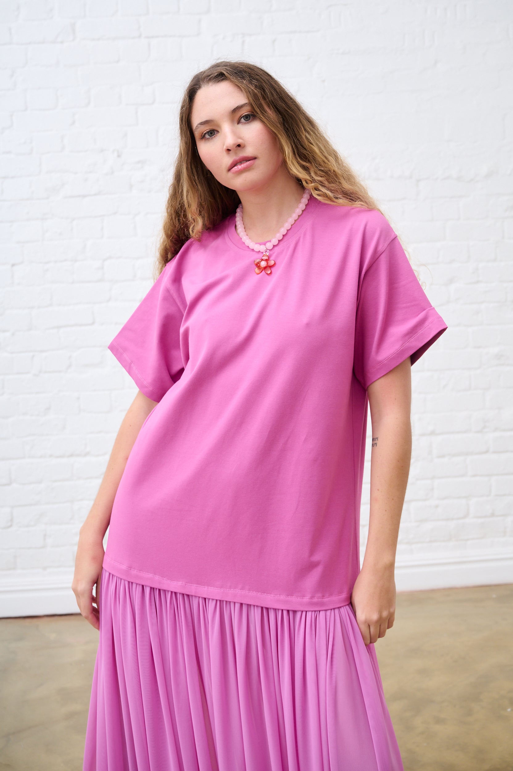 Raspberry Mesh Combo Tshirt Dress