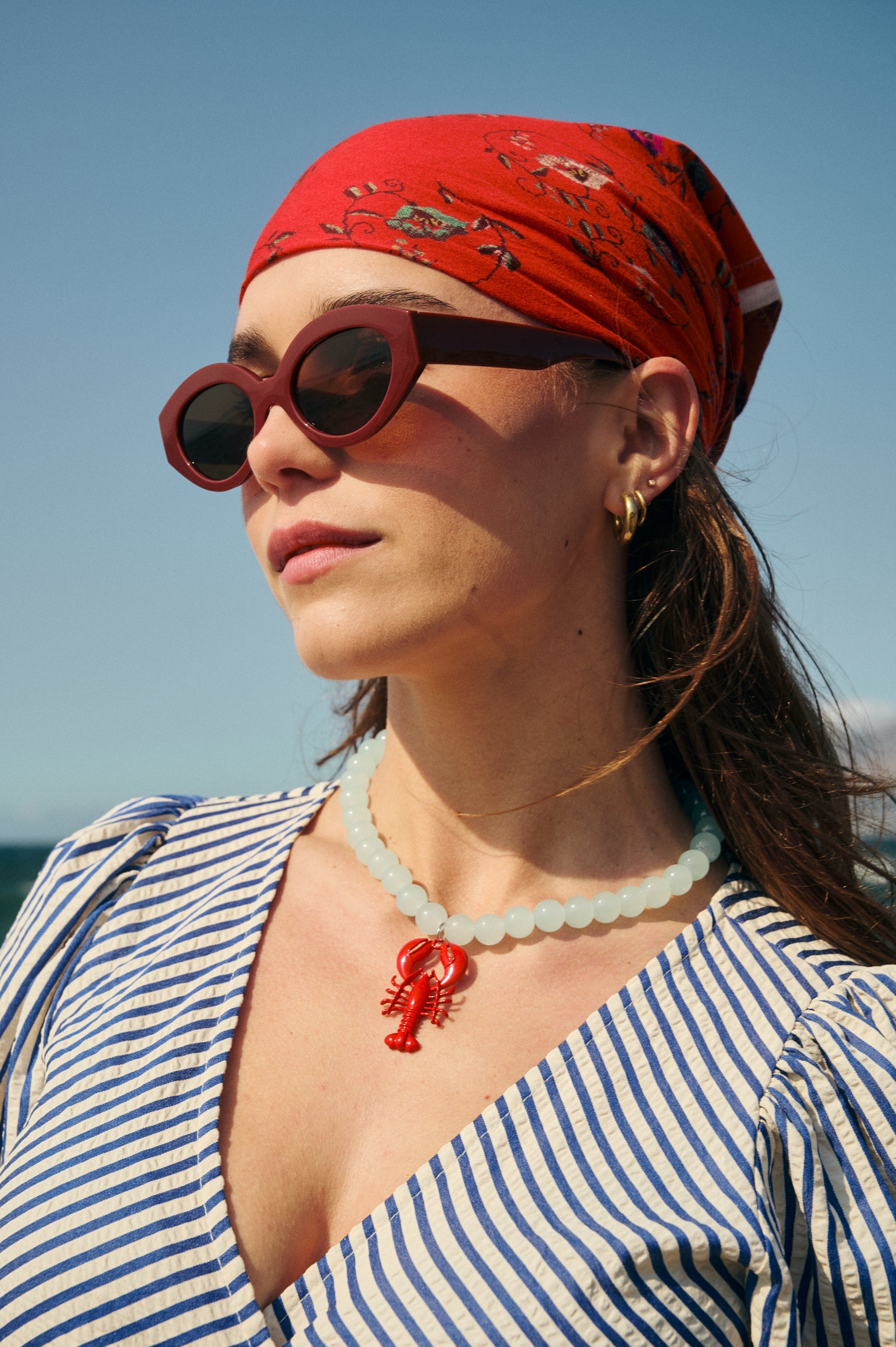 Glass Bead Necklace with Lobster Charm