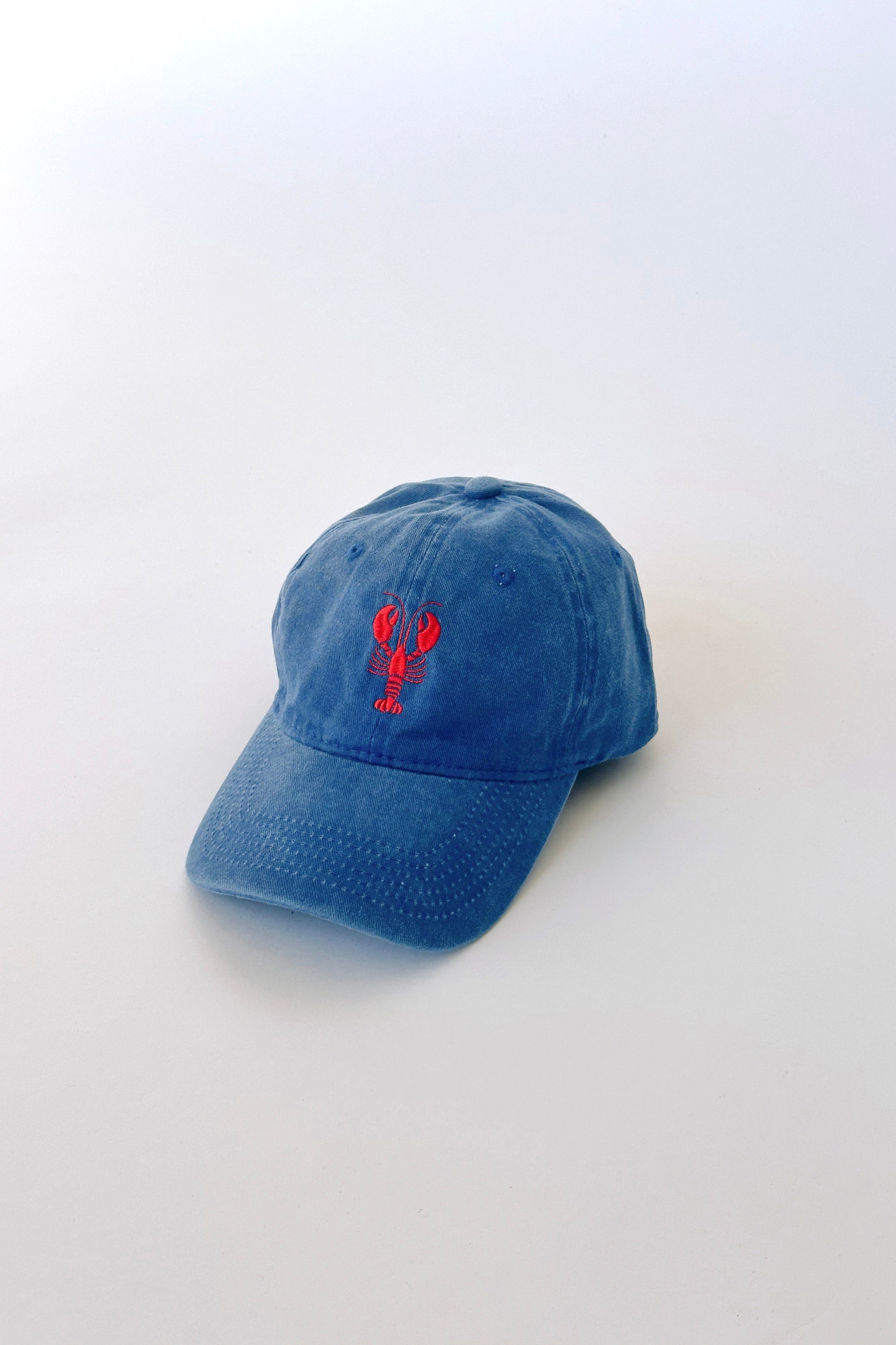 Blue cap with a red logo on a white background