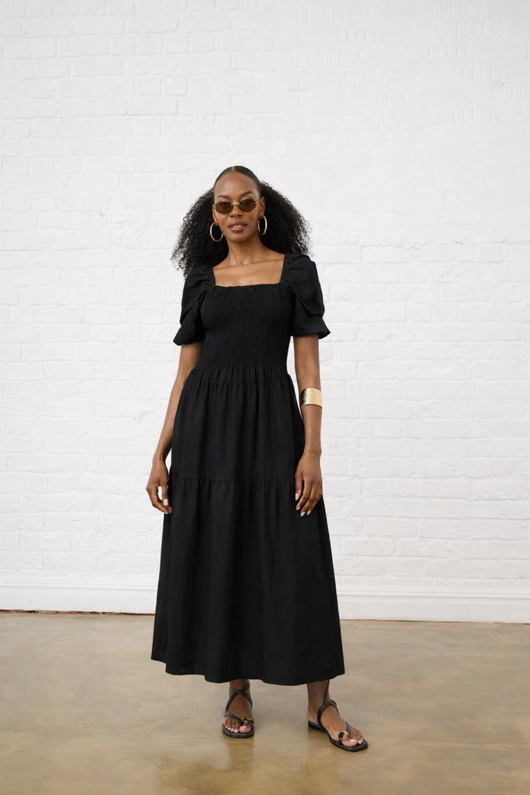 Shaped Hip Smocked Maxi Dress in Black – Me&B