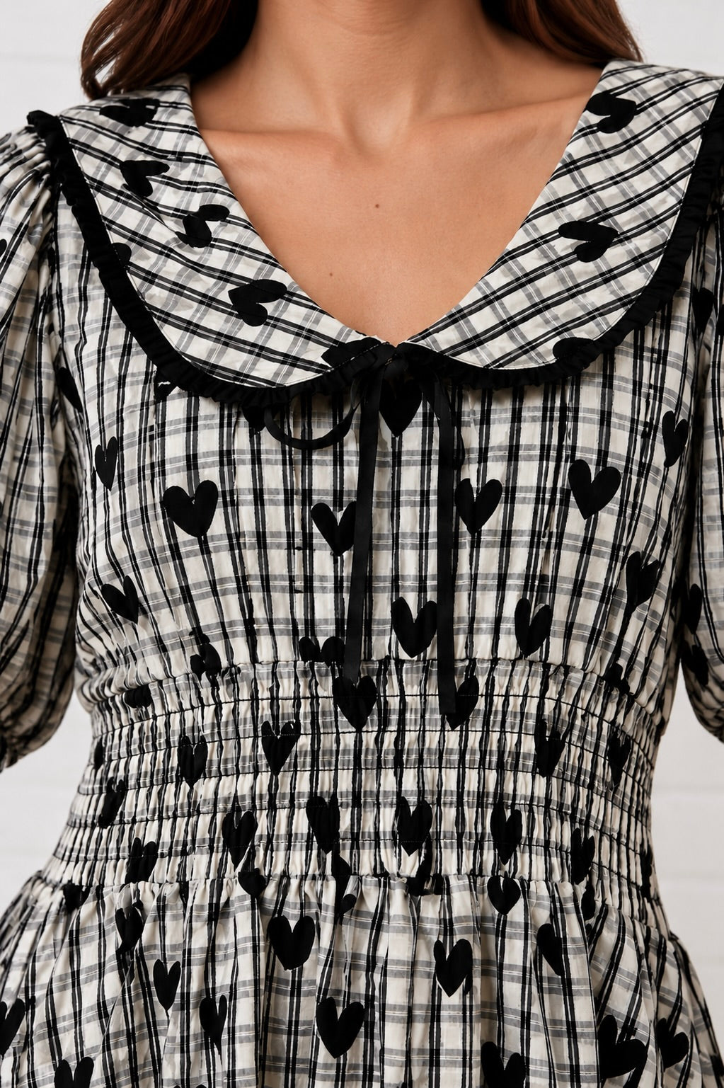 heart dress black and white Check with Shirred Midi – Me&B Stardust Black | Black Size:Pre-order Size 9-10 Material_Polyester 14 With Knots Sleeves