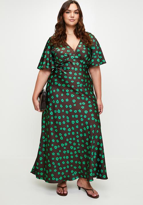 Choc Jade Flower Satin Bias Maxi Dress