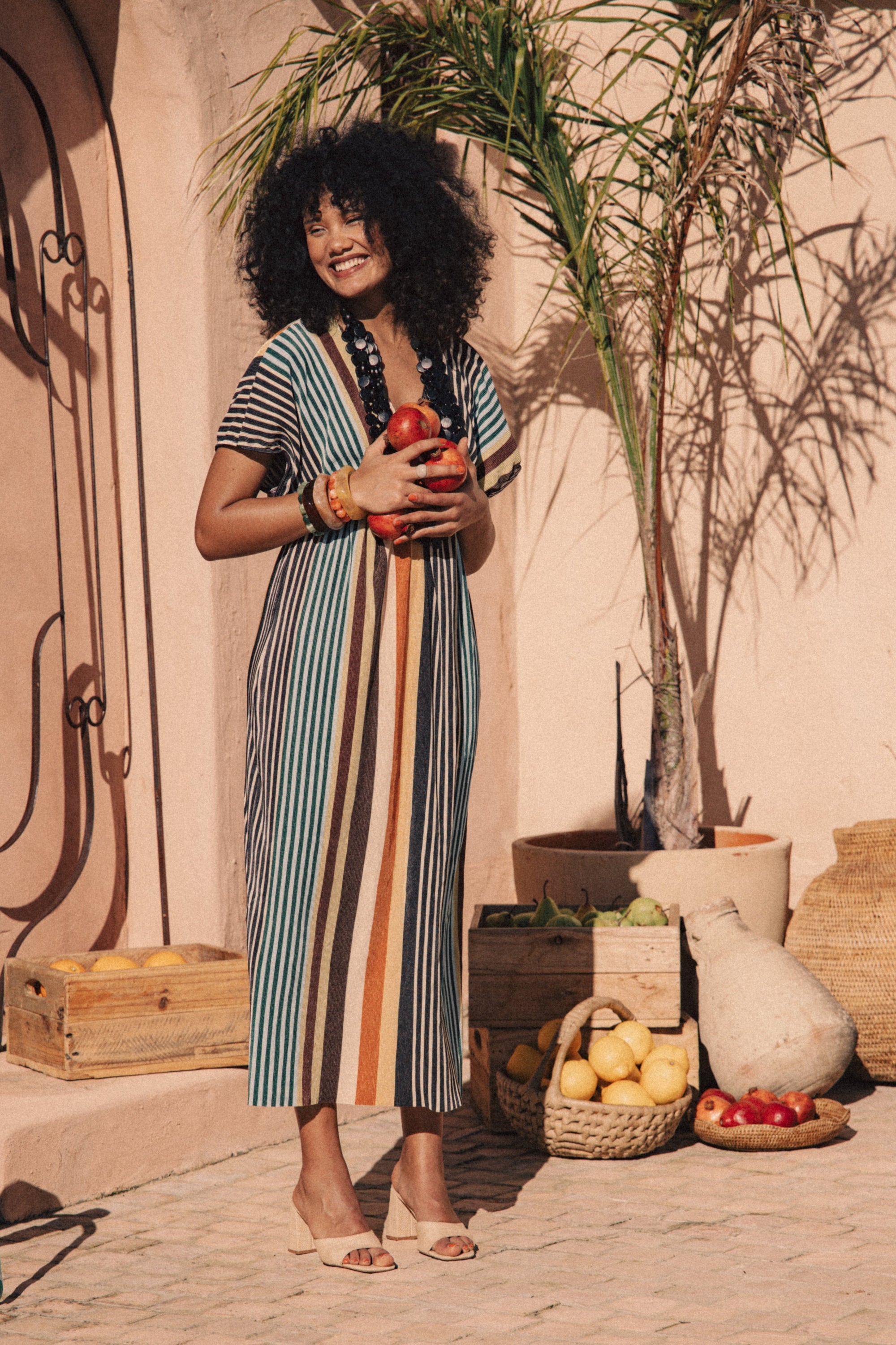Plisse Joy Kaftan Sleeve Dress in MultiStripe
