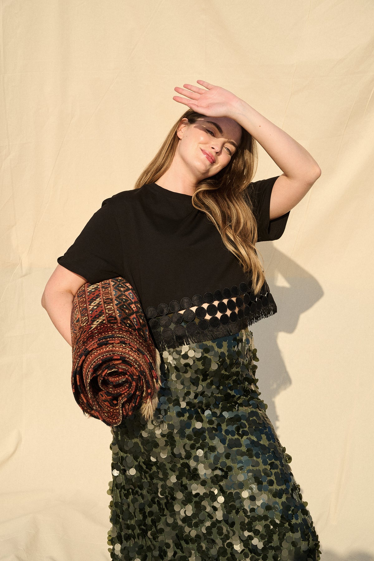 Knit Tee with Tassel Trim in Black