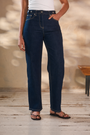Model is wearing dark wash straight let jeans with a white tank top and brown sandals