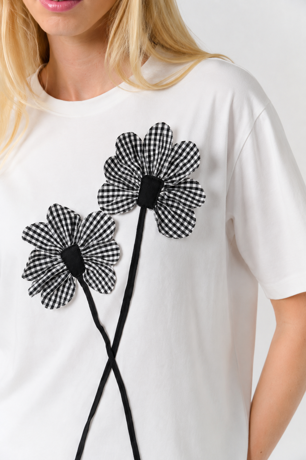 Black and White Gingham 3D flower T-Shirt