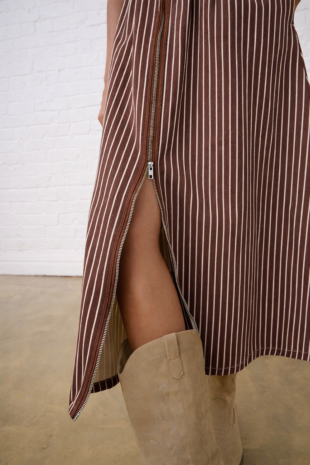 Zip Front Denim Shirt Dress in Choc Stripe