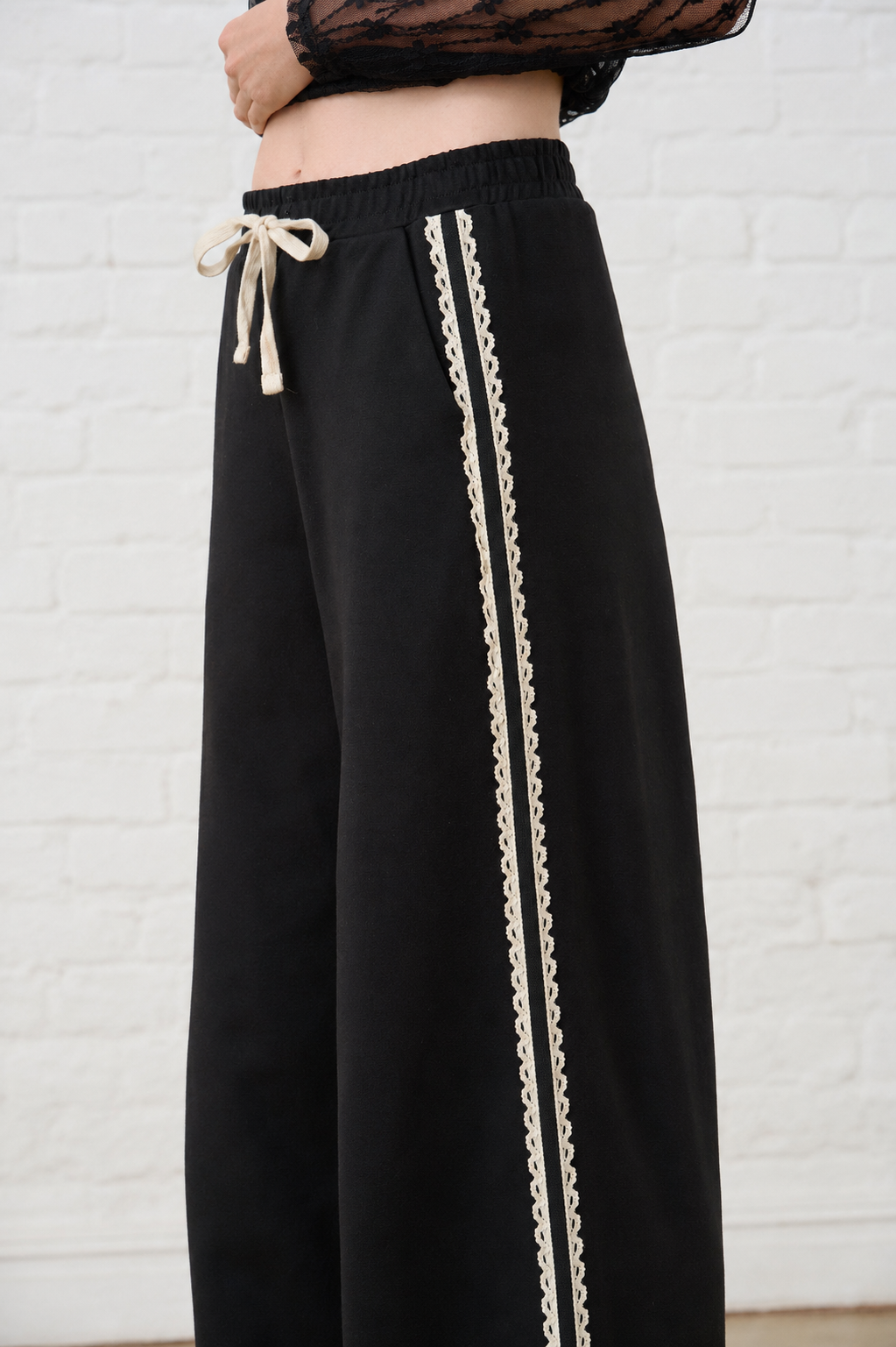 Lace Trim Ponti Pant in Black