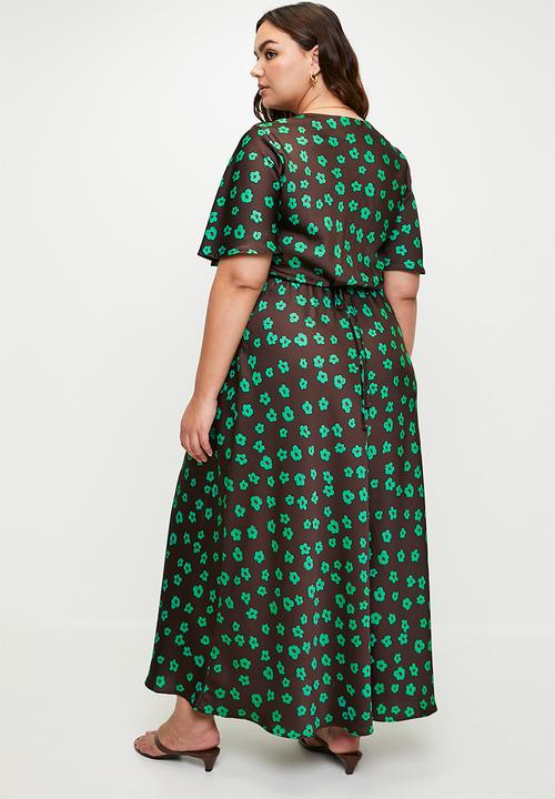 Choc Jade Flower Satin Bias Maxi Dress