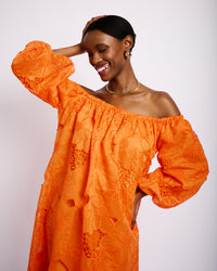 Off the Shoulder Anglaise Dress in Coral