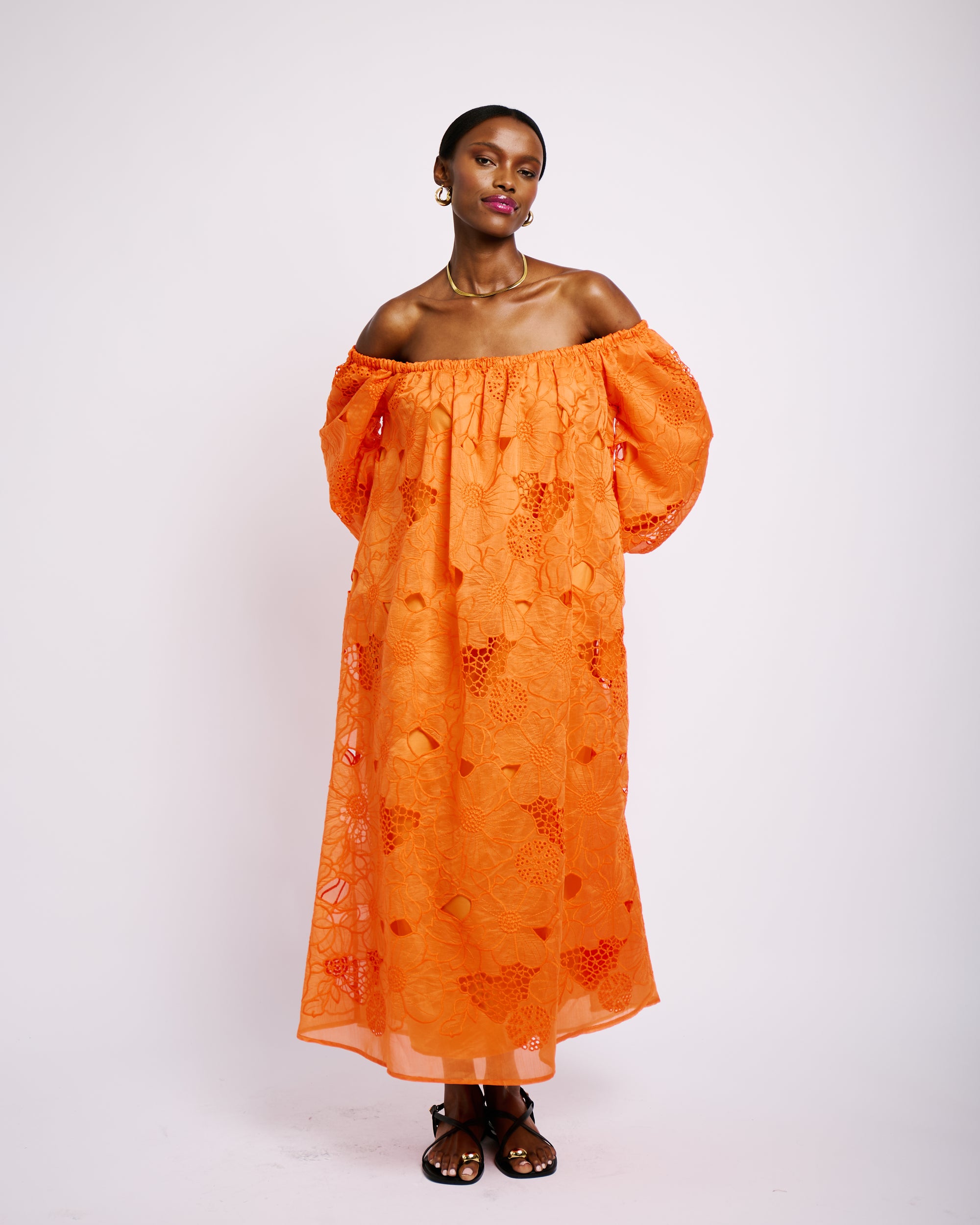 Off the Shoulder Anglaise Dress in Coral