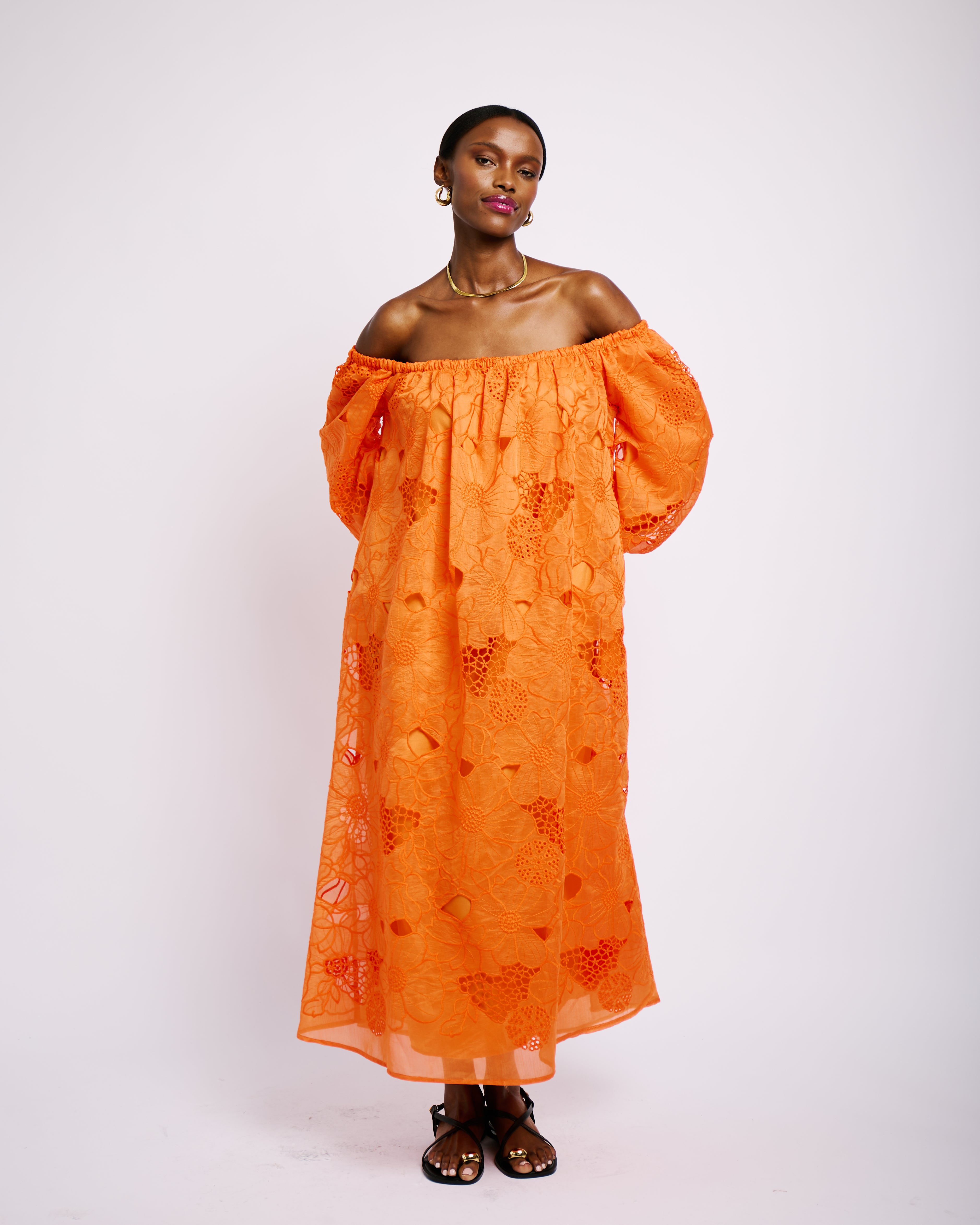 Off the Shoulder Anglaise Dress in Coral