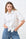 Model is wearing a white short sleeve top with blue flowers 