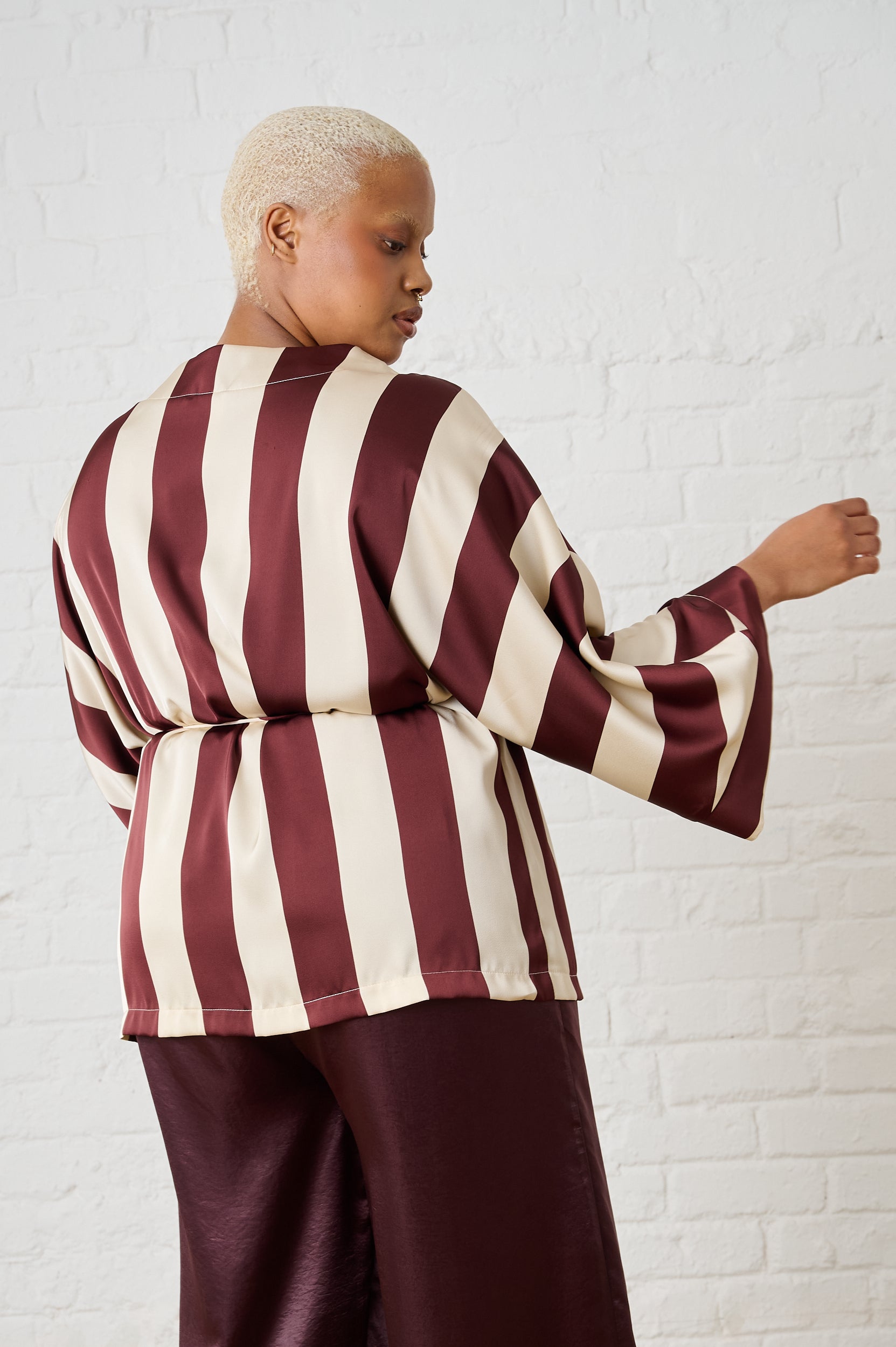 Satin Kimono in Burgundy Stripe