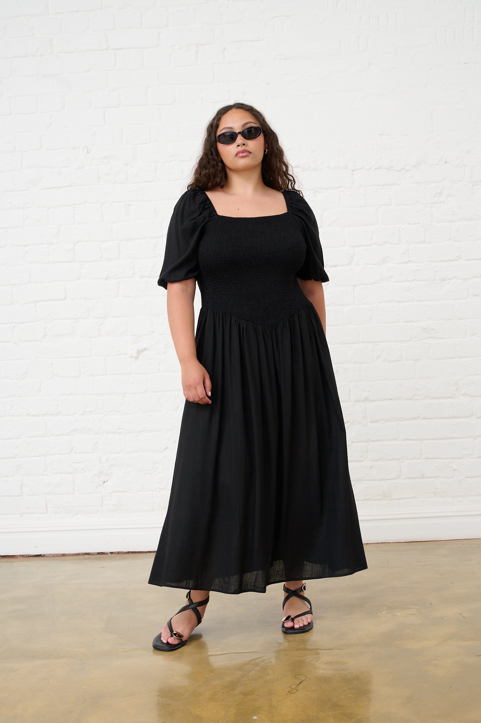 Shaped Hip Smocked Maxi Dress in Black – Me&B