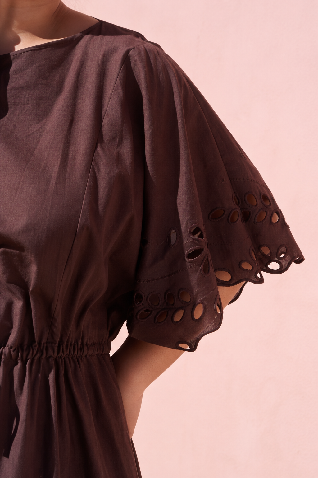 Kimono Sleeve tiered Anglaise Dress in Choc
