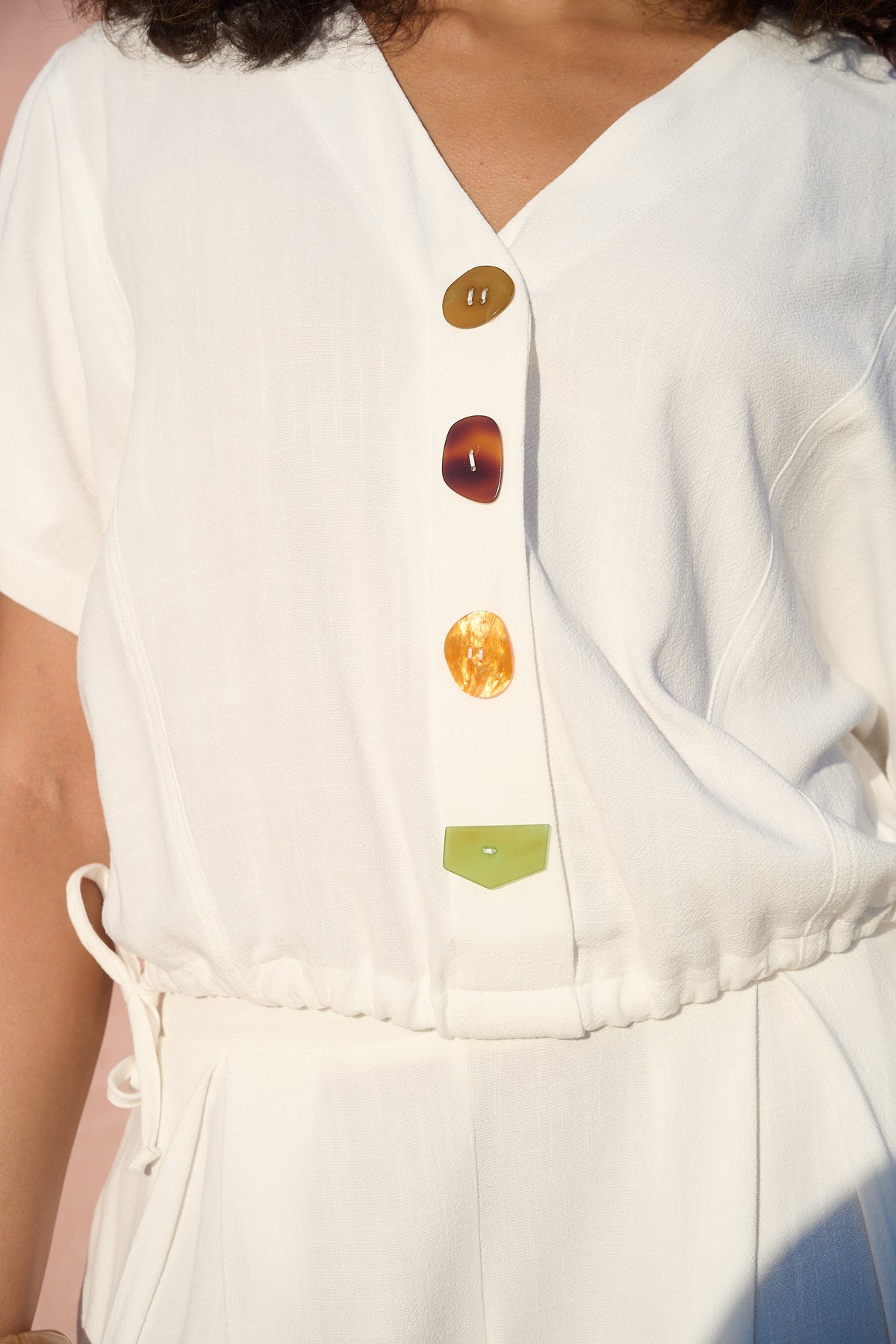 Perspex Button Detail Dolman Sleeve Top in Milk