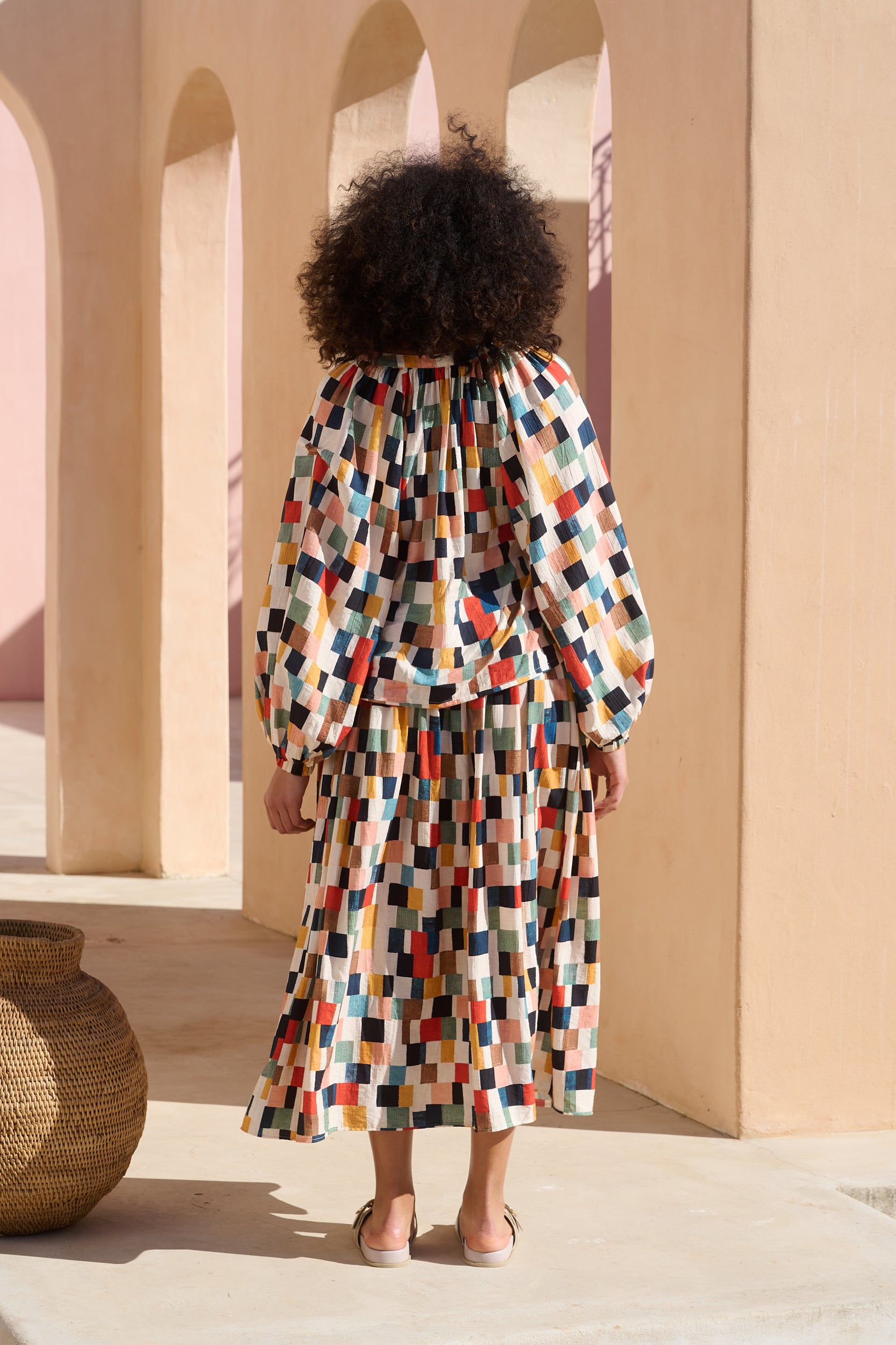 Shirring basque maxi skirt with pockets