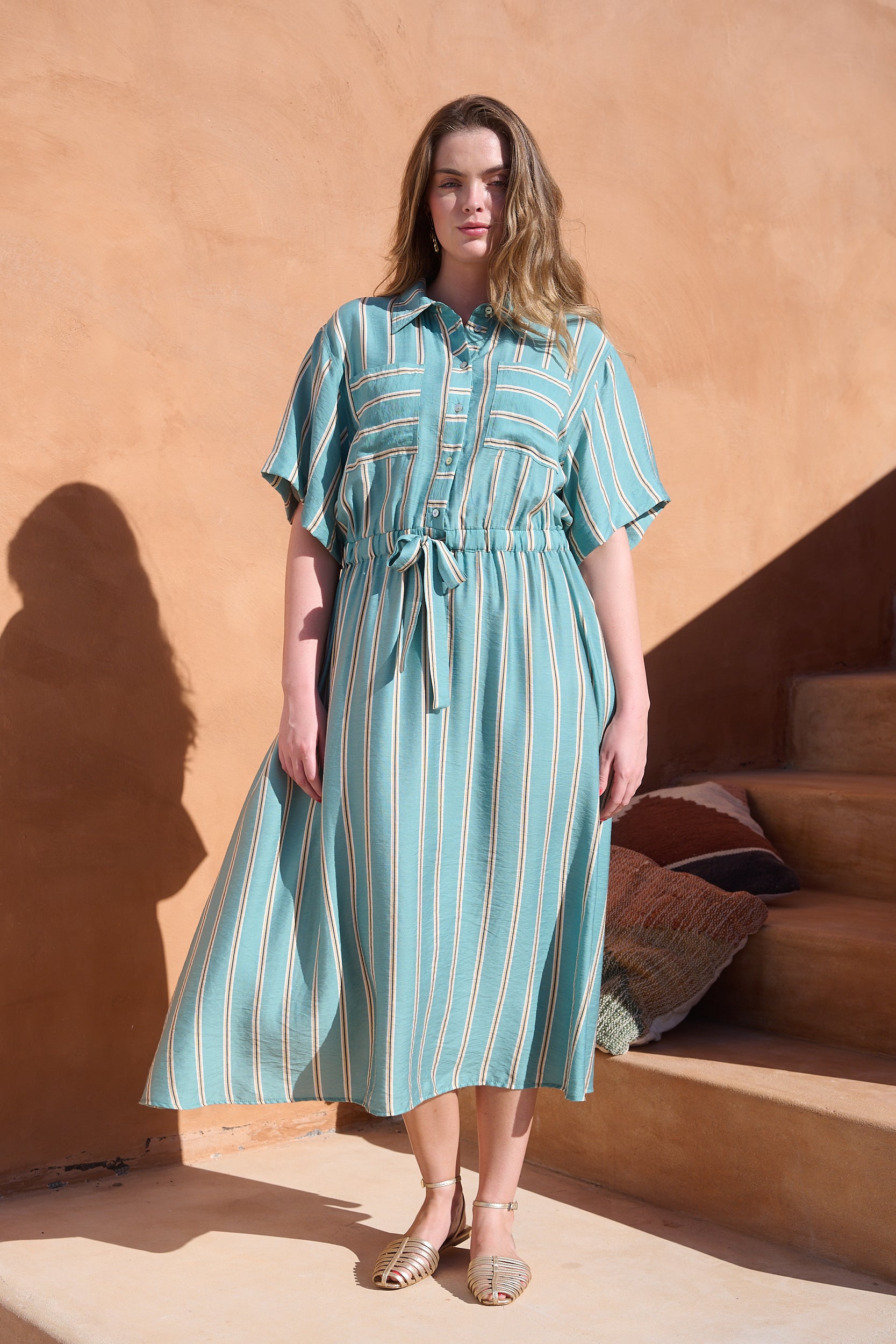 Drawstring Waist Pocket Shirt Dress