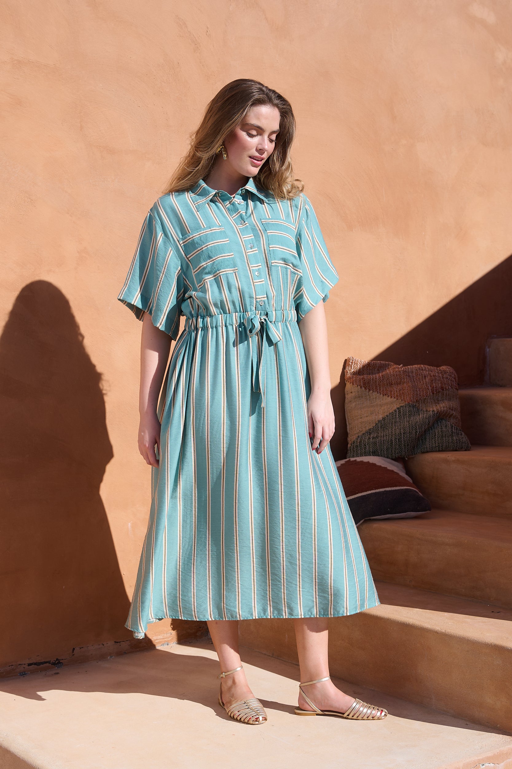 Drawstring Waist Pocket Shirt Dress