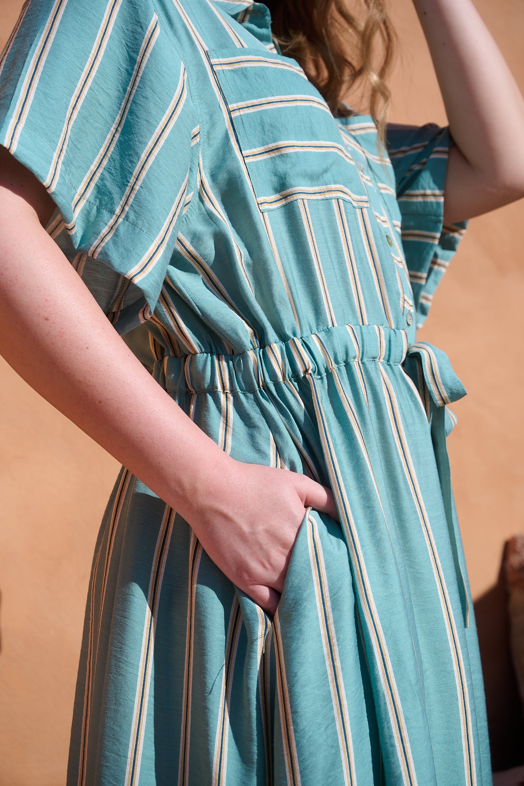 Drawstring Waist Pocket Shirt Dress