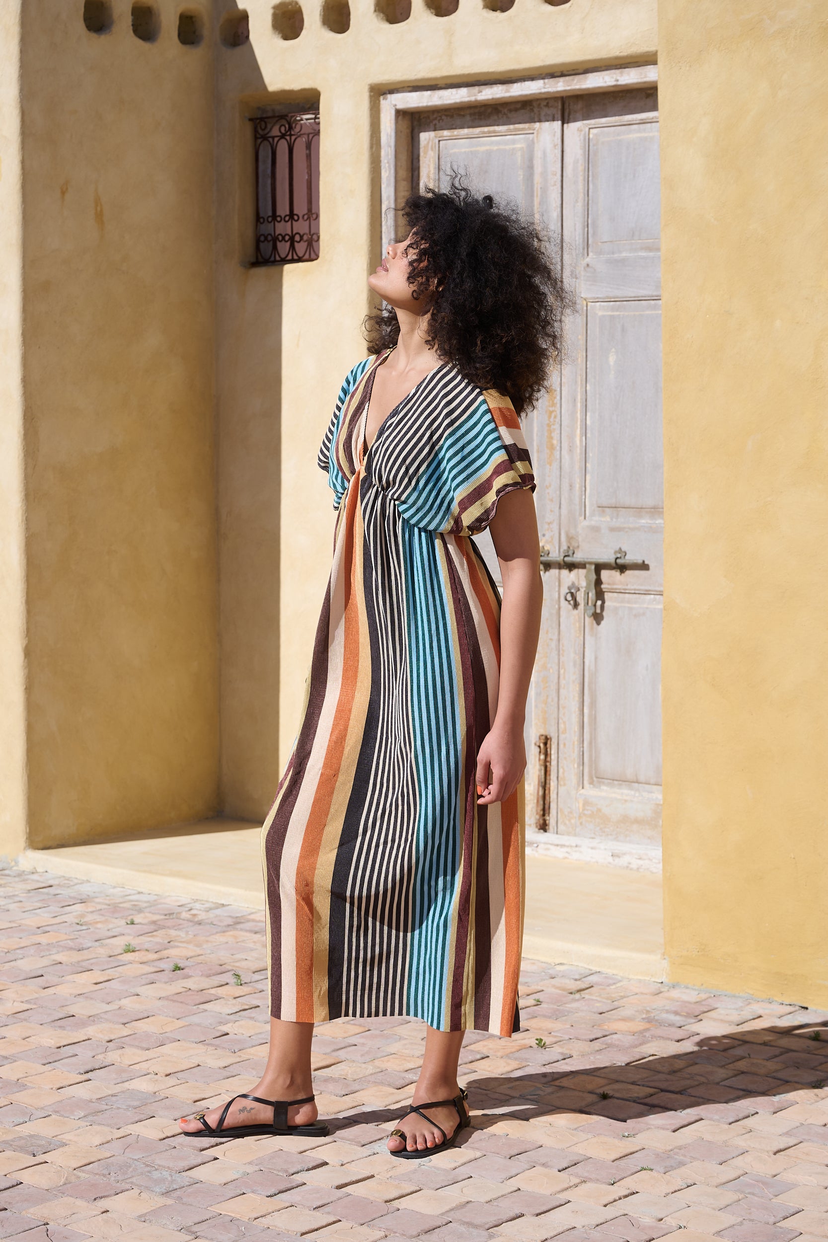 Plisse Joy Kaftan Sleeve Dress in MultiStripe
