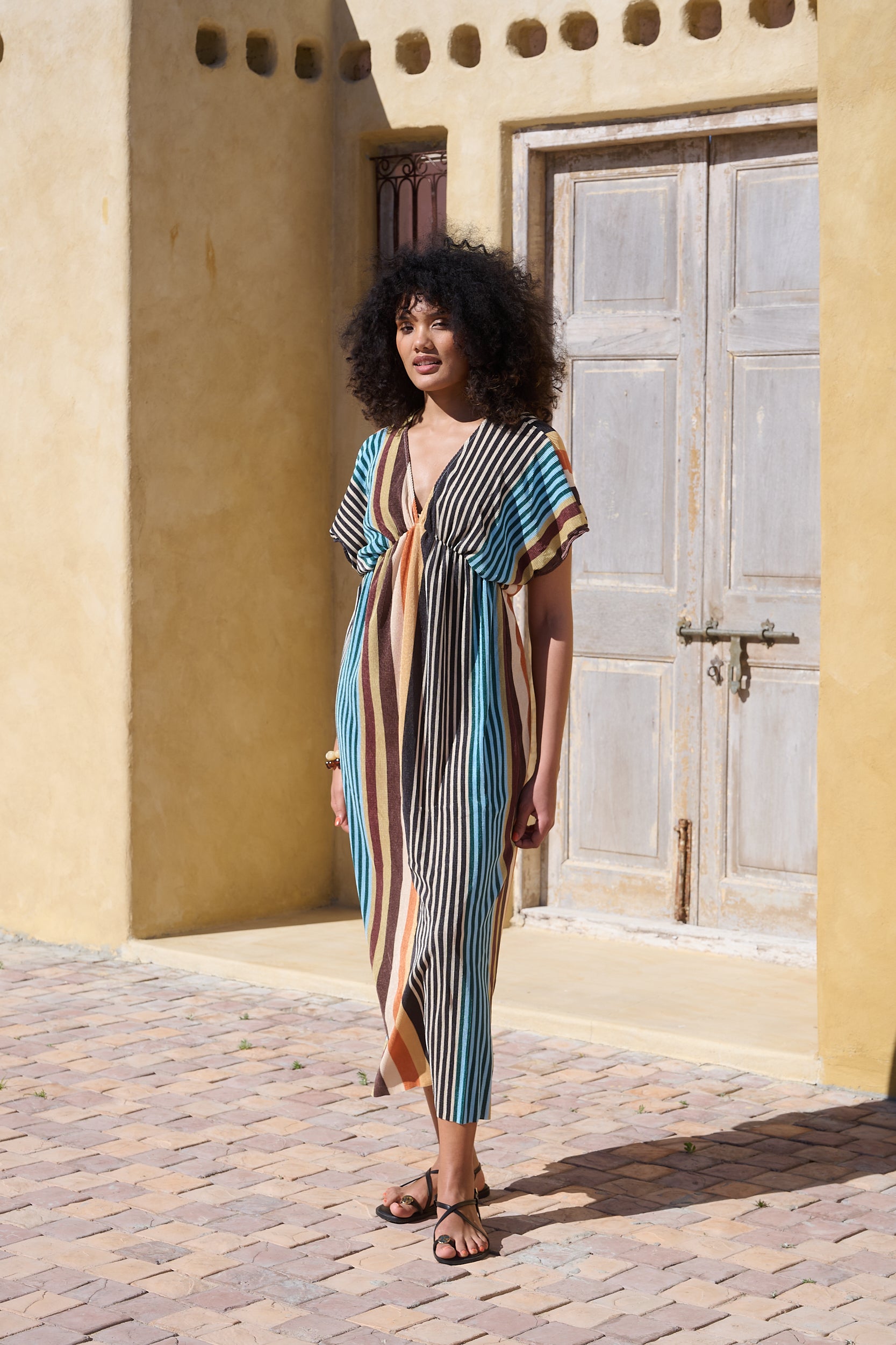 Plisse Joy Kaftan Sleeve Dress in MultiStripe