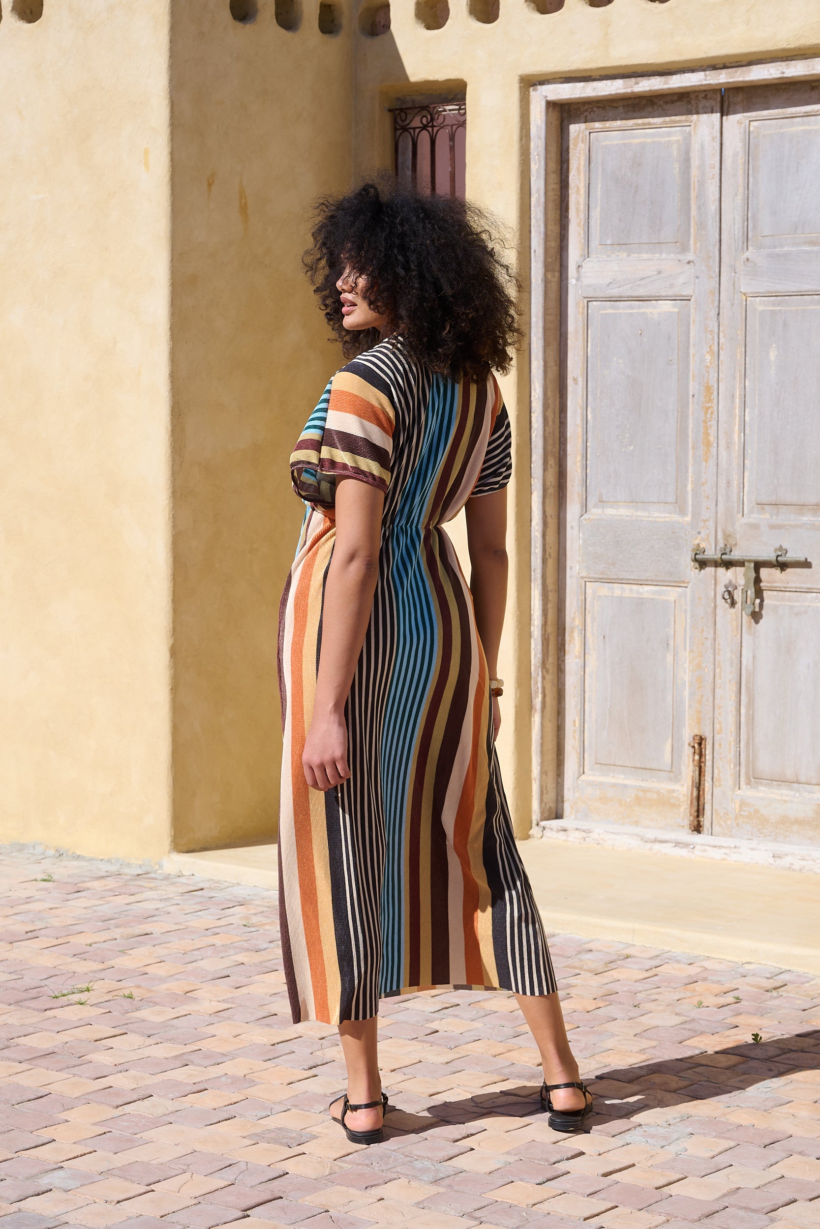 Plisse Joy Kaftan Sleeve Dress in MultiStripe